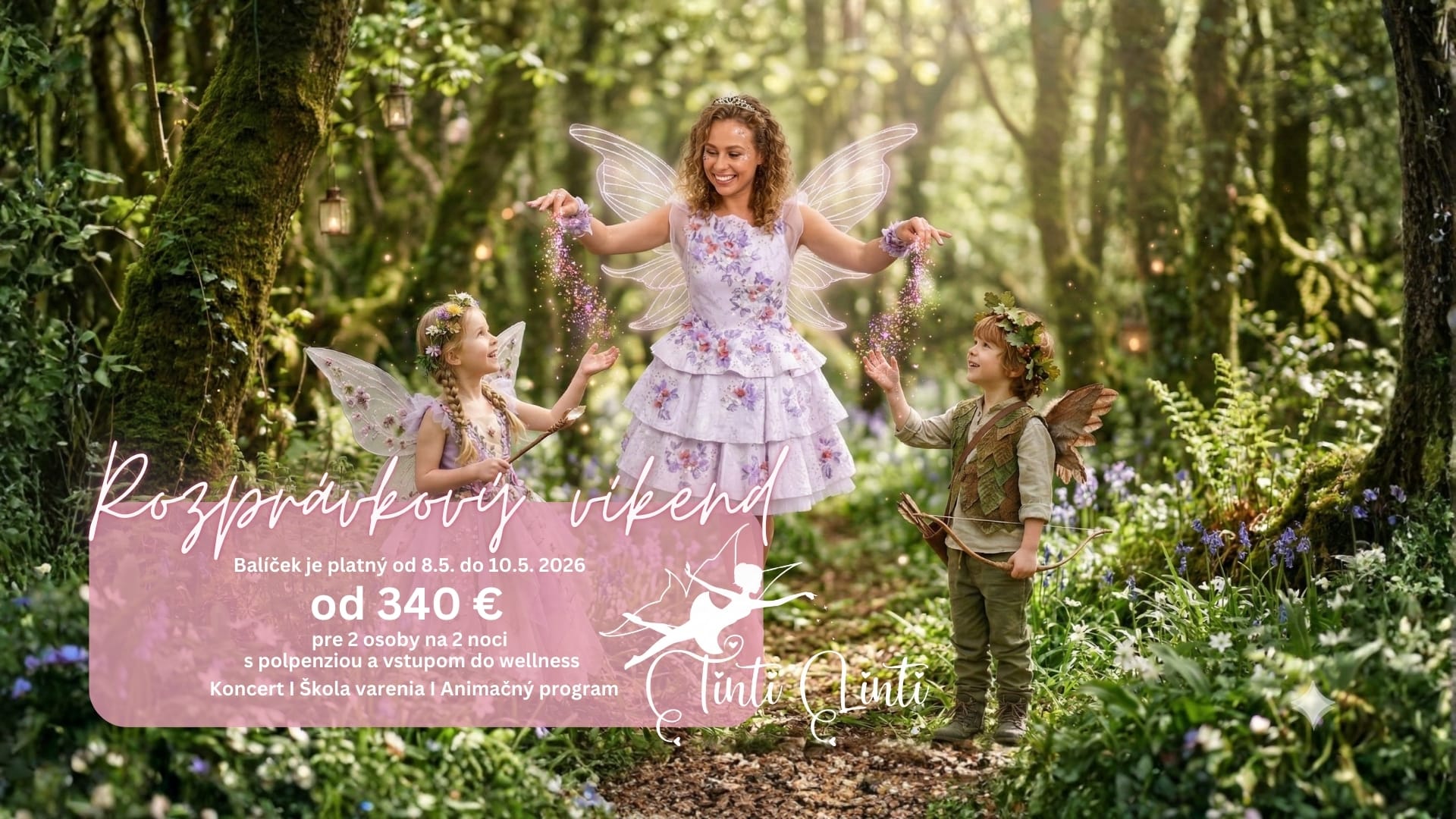 a woman in a dress and a man in a garment in the woods