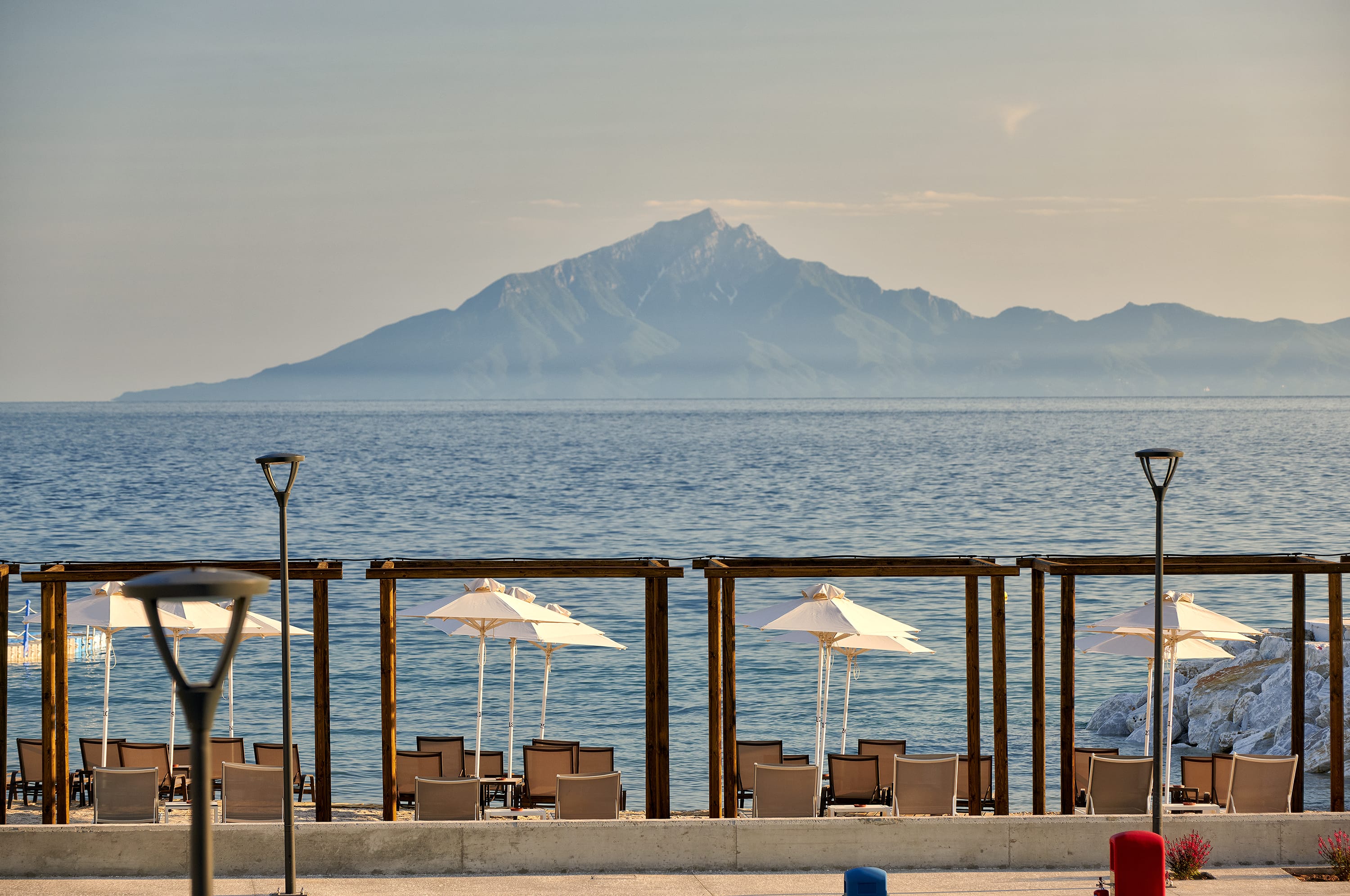 a beach with umbrellas