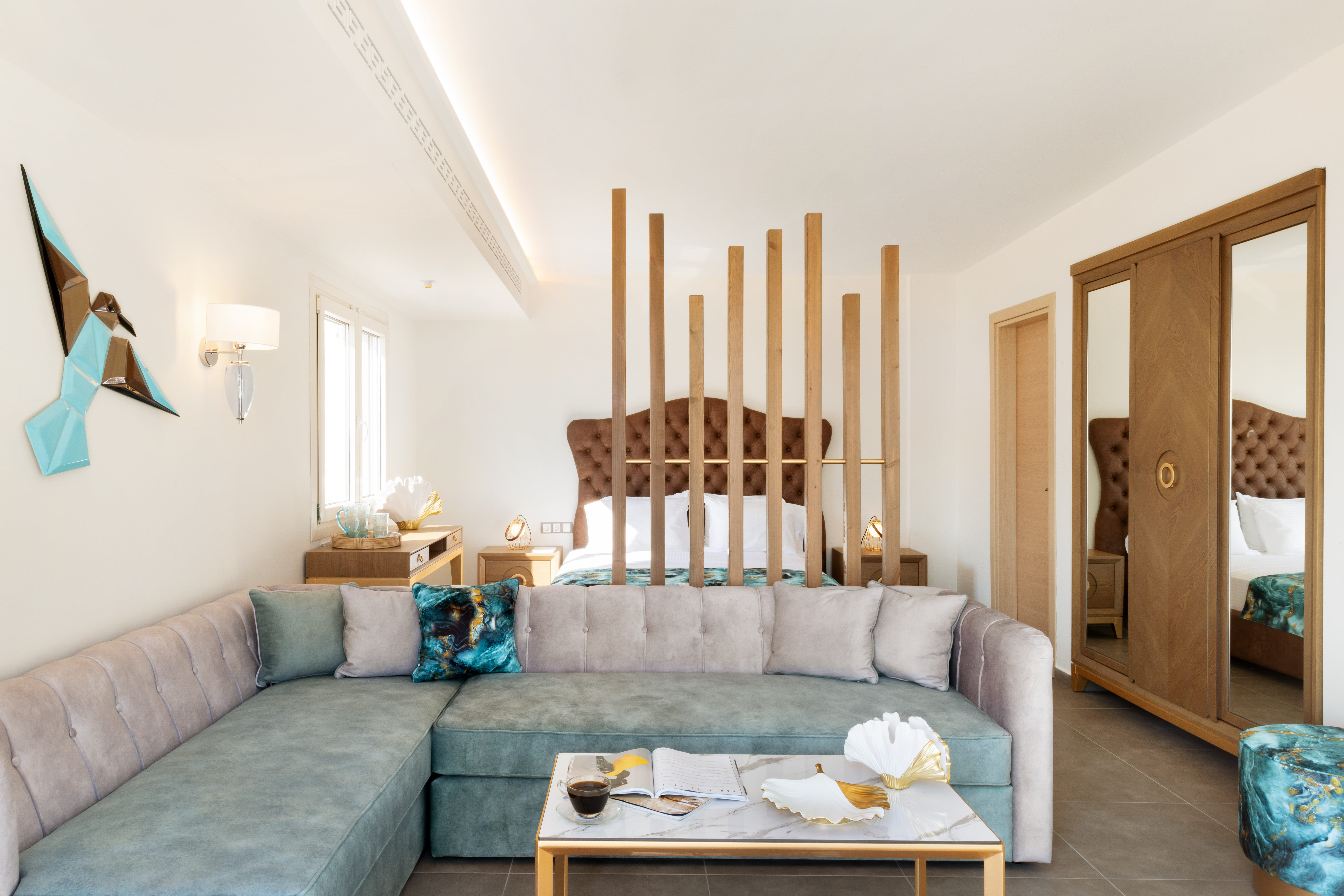 a living room with a crib