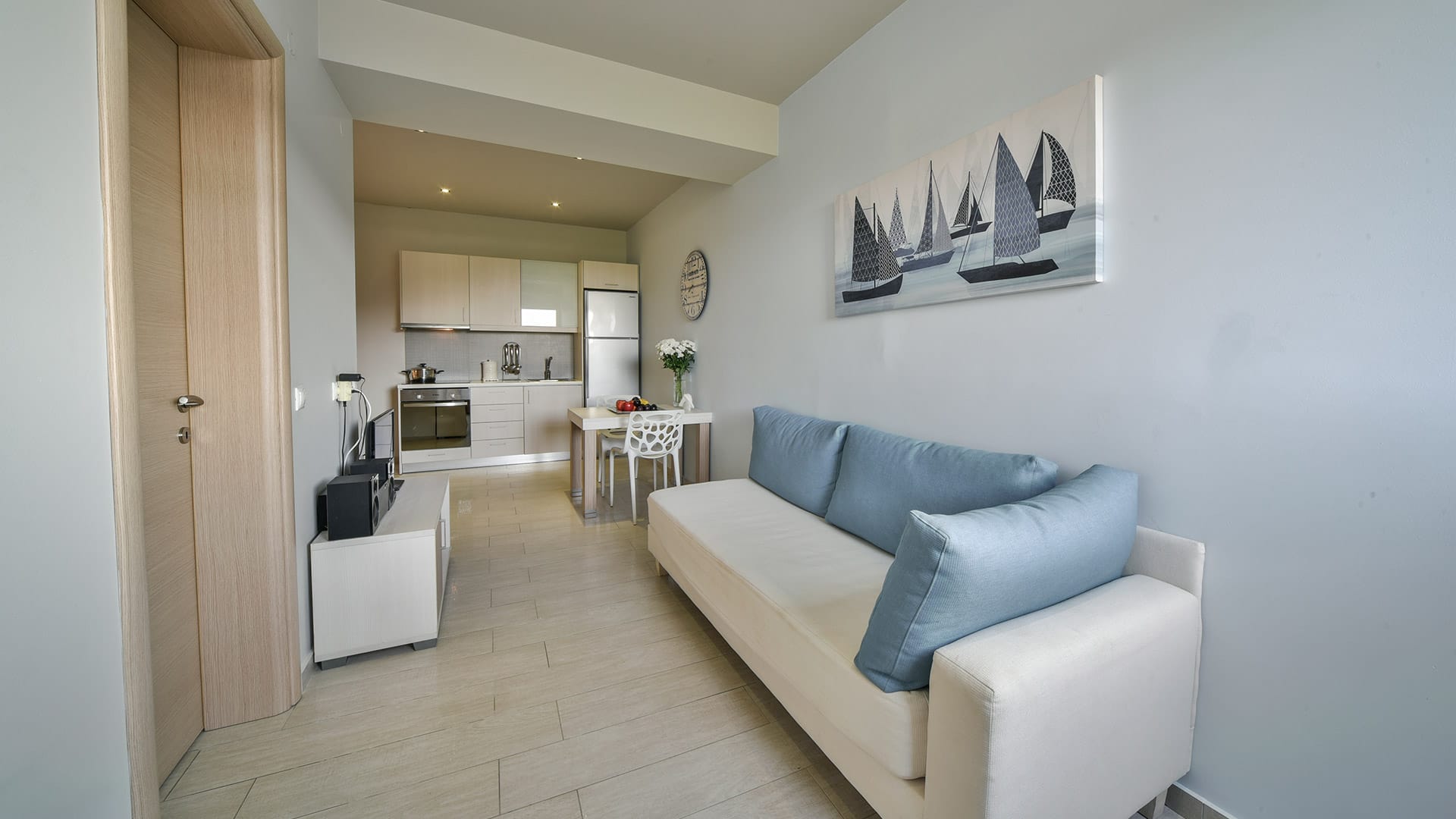 a living room with a couch and a table