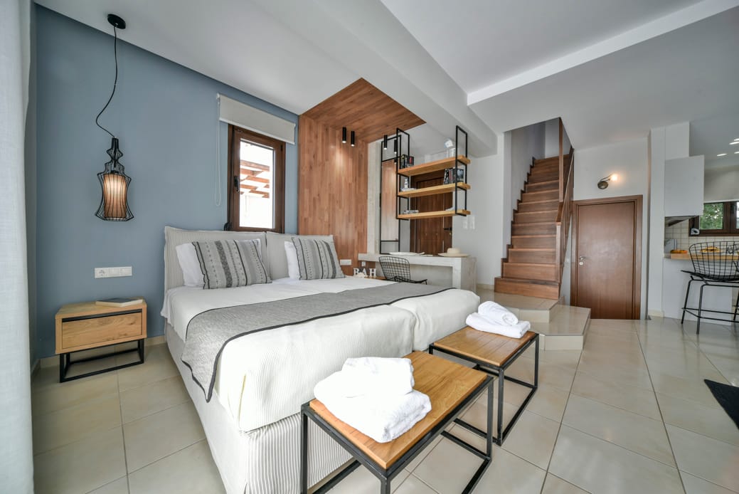 a room with a bed and a table