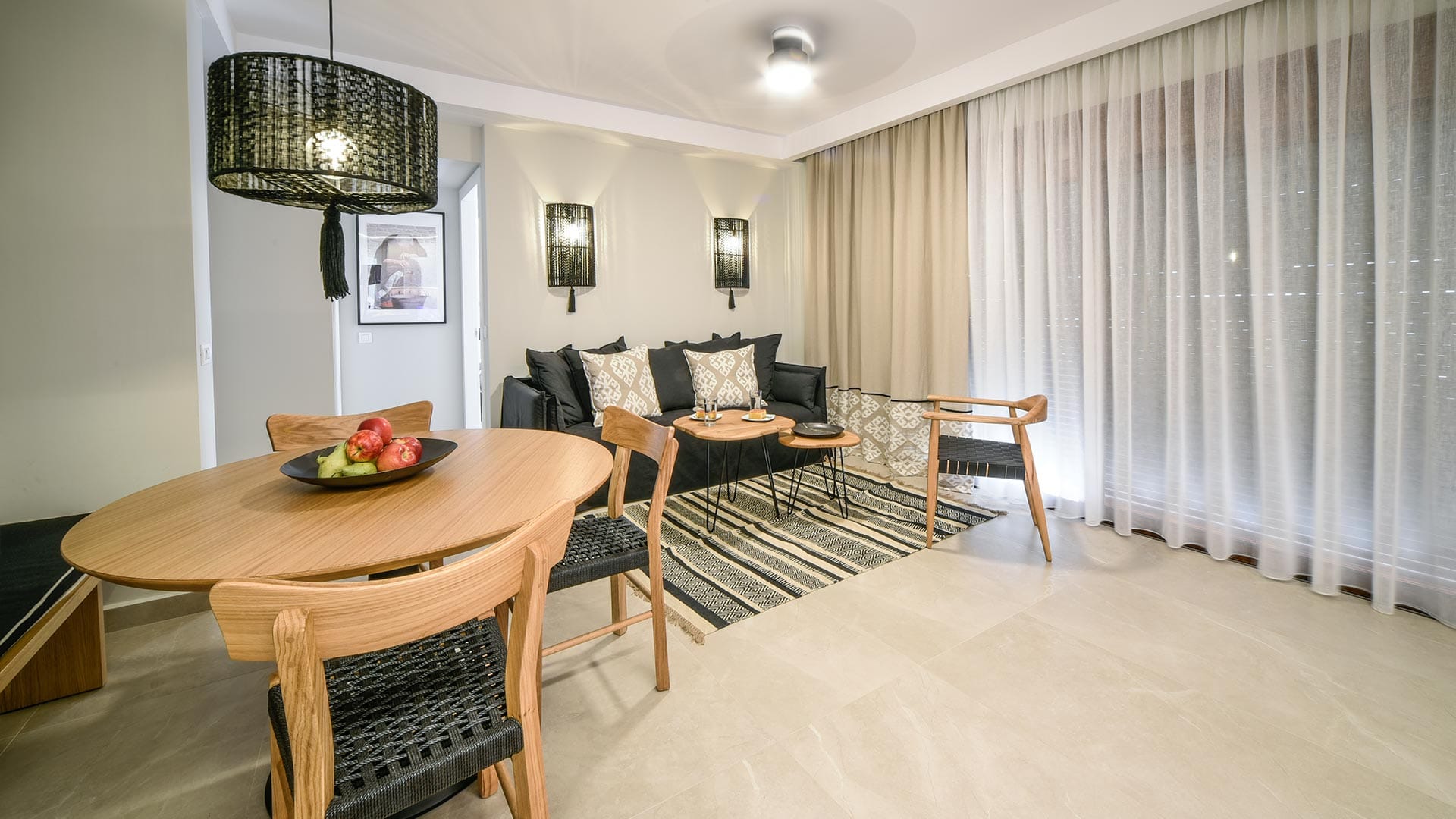 a room with a table and chairs