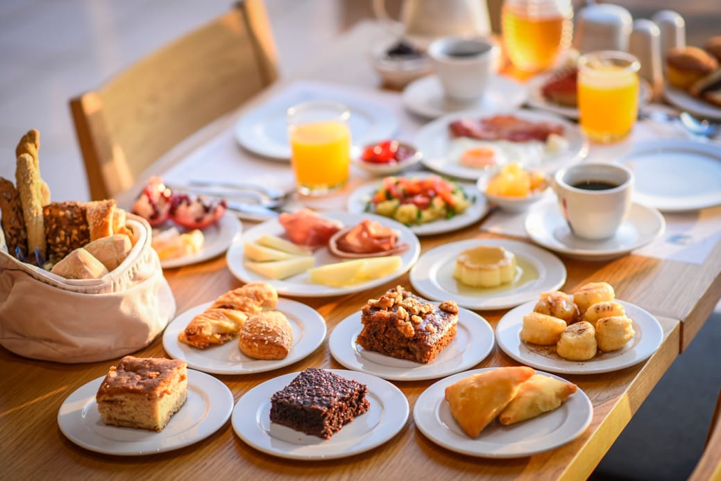a table is filled with food