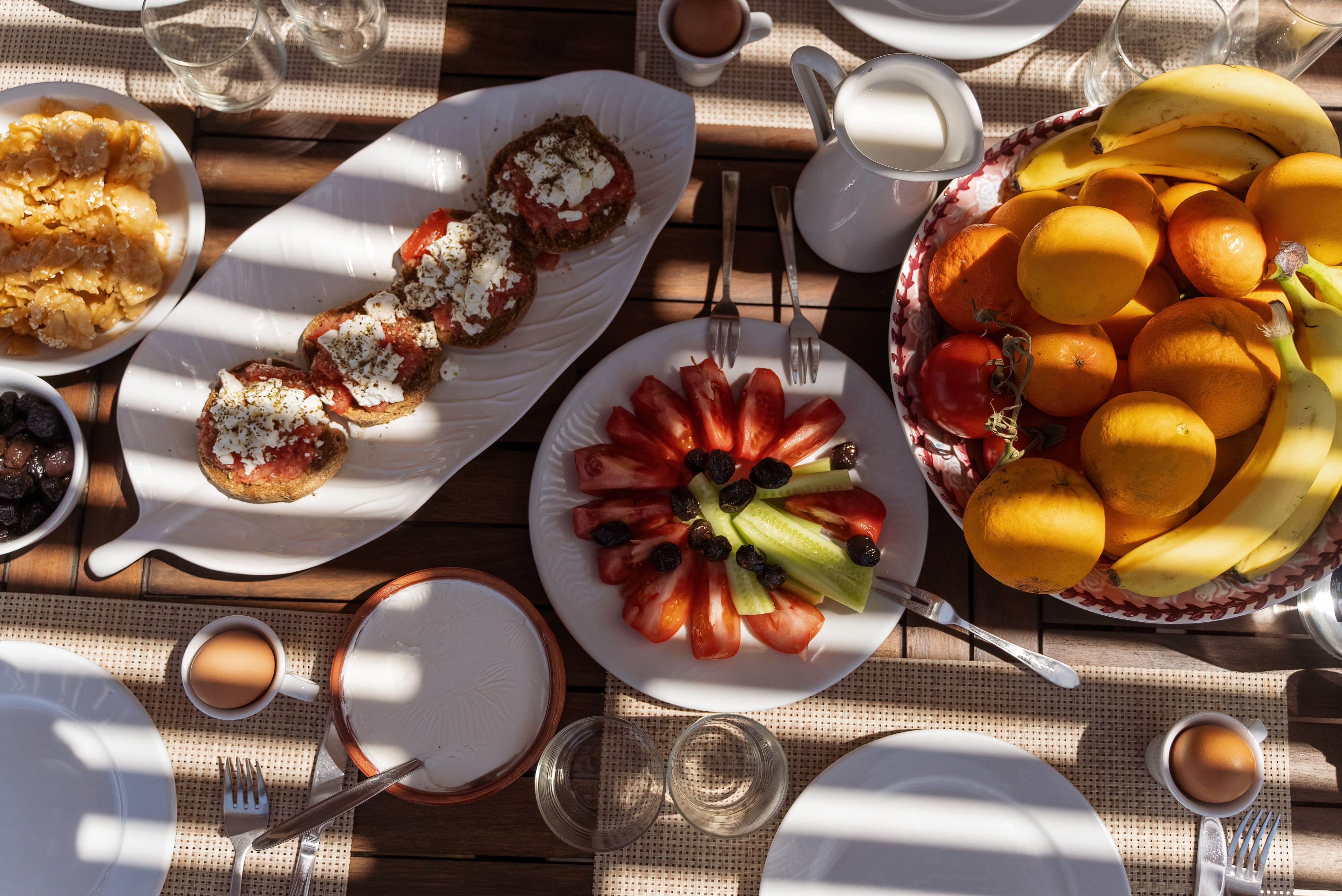 a table is filled with food