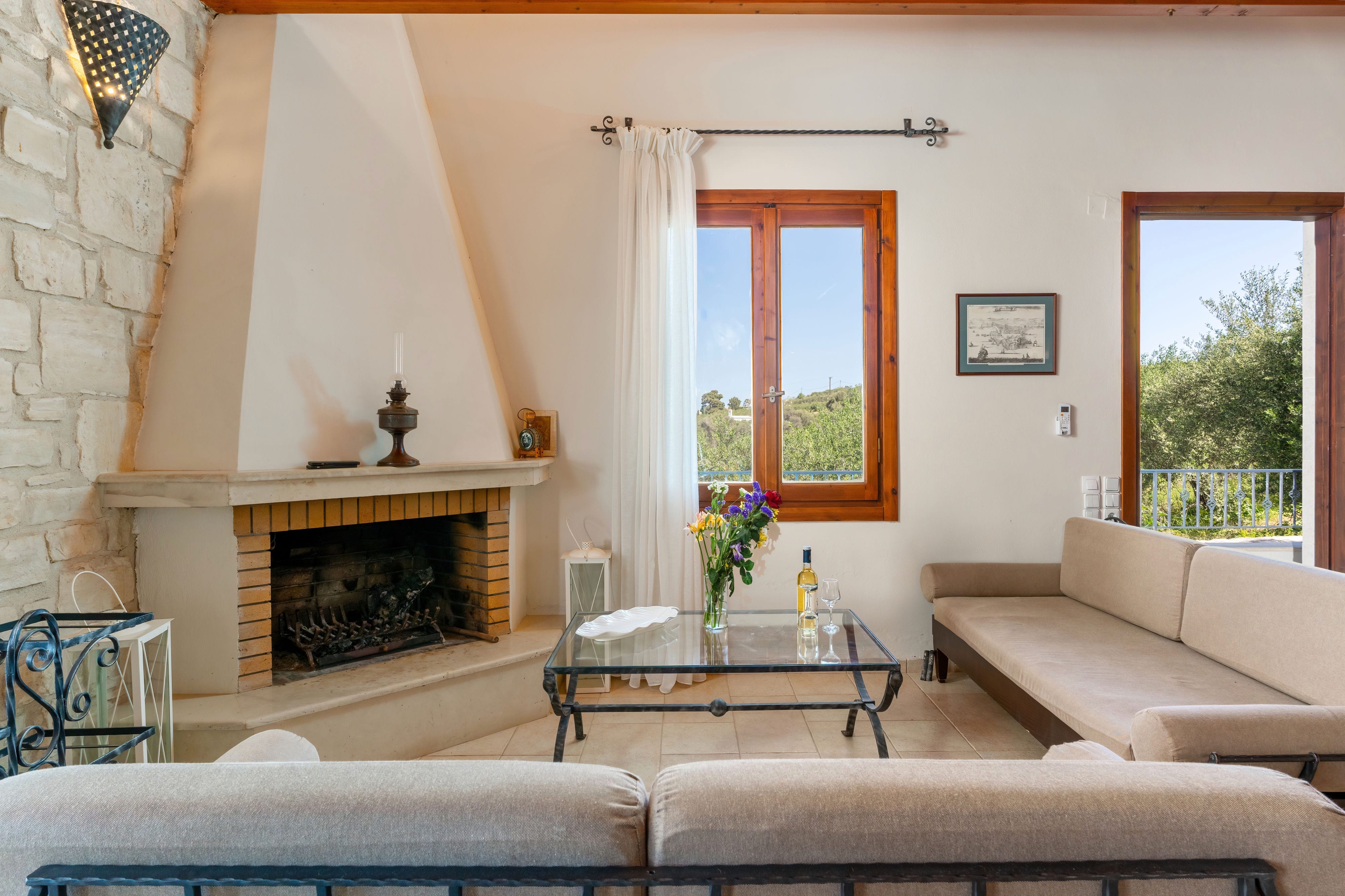 a living room with a fireplace