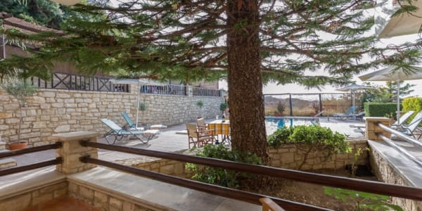 a deck with chairs and a tree