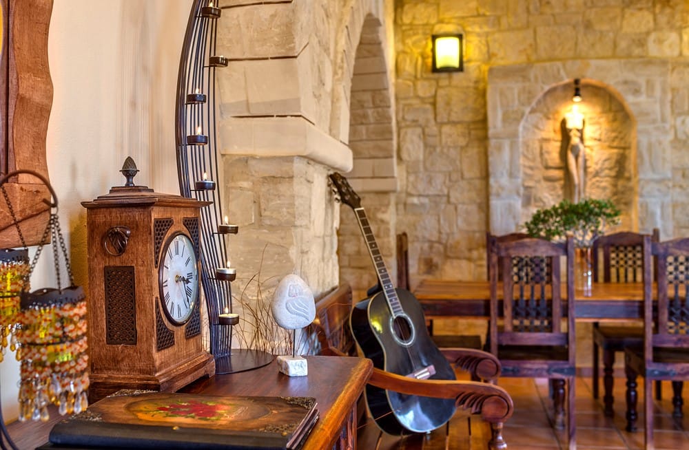 a guitar leaning against a table