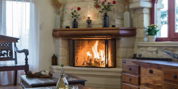 a living room with a fireplace