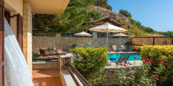 a backyard with a pool and umbrella