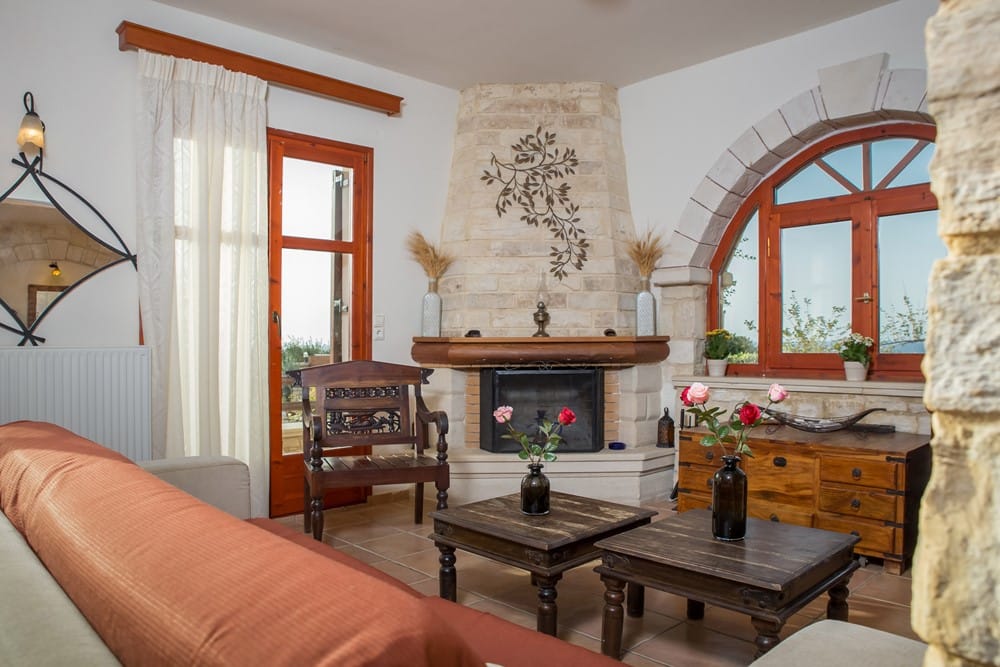 a living room with a fireplace