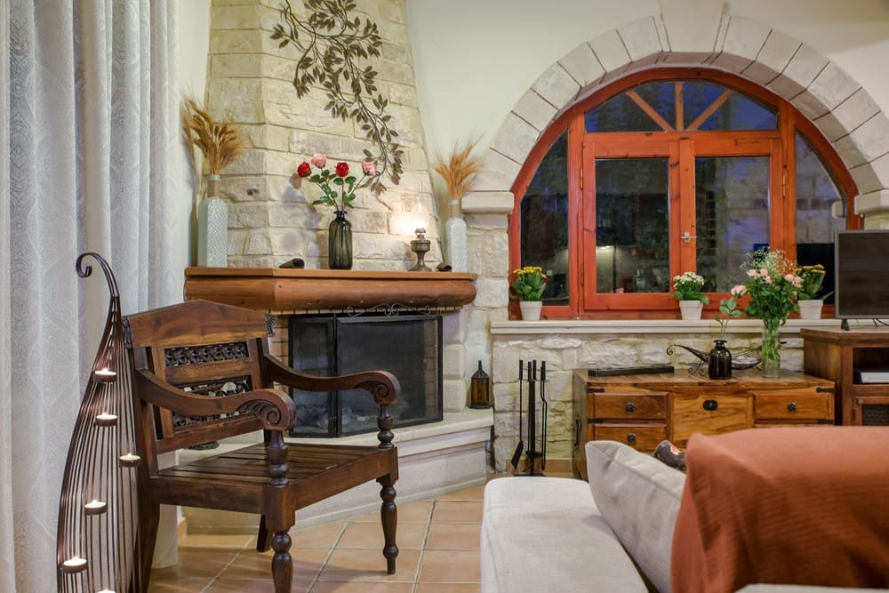 a living room with a fireplace