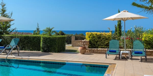 a pool with chairs and umbrella