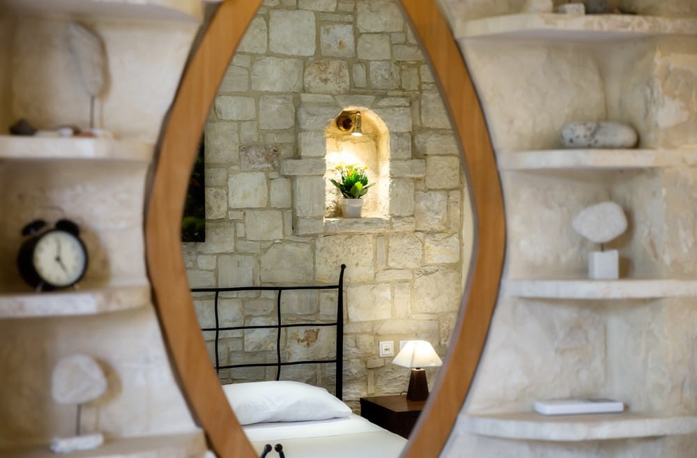 a bathroom with a large mirror