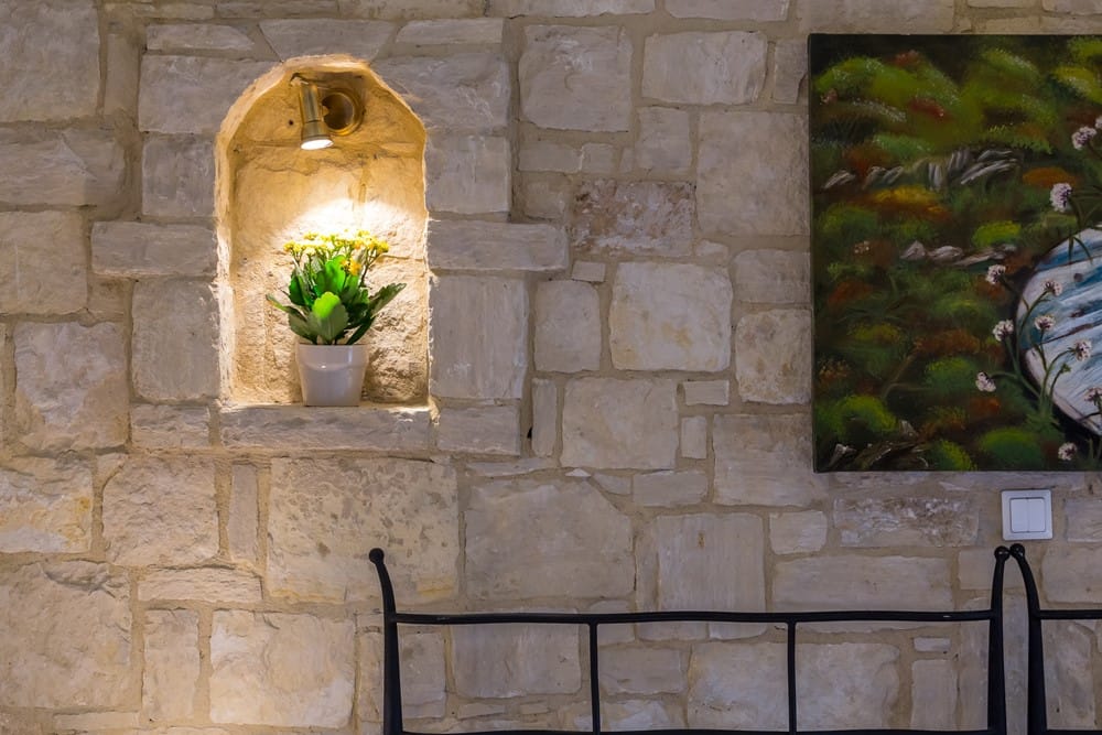 a couple of potted plants on a stone wall