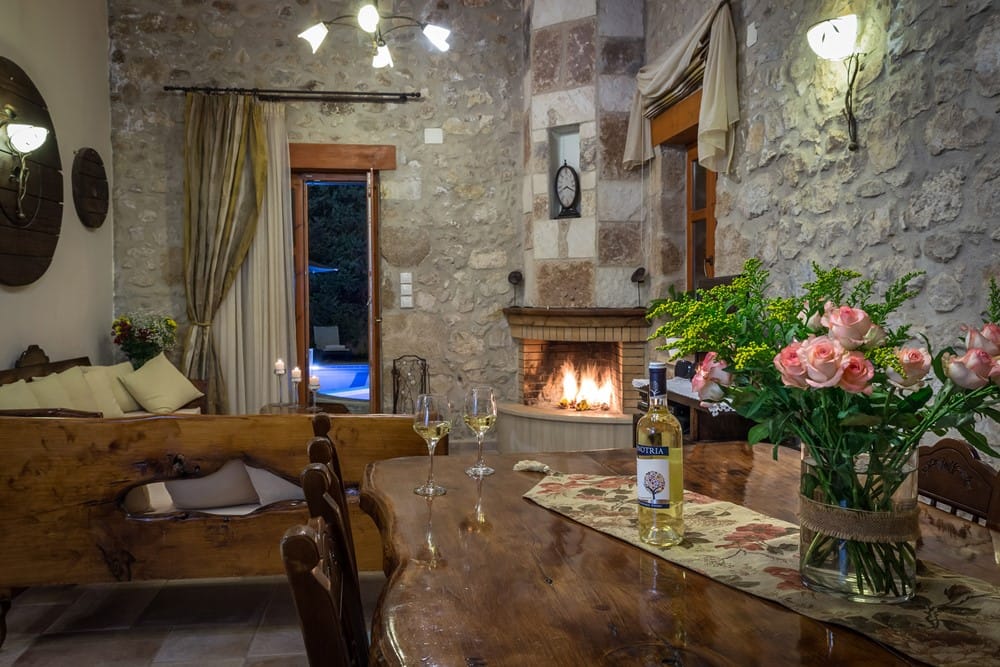 a dining room with a fireplace