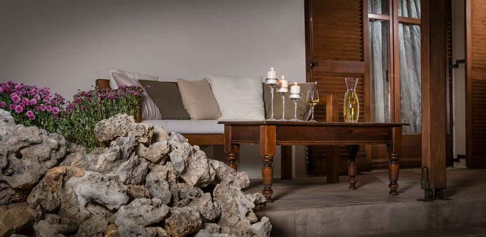 a living room with a couch and a table