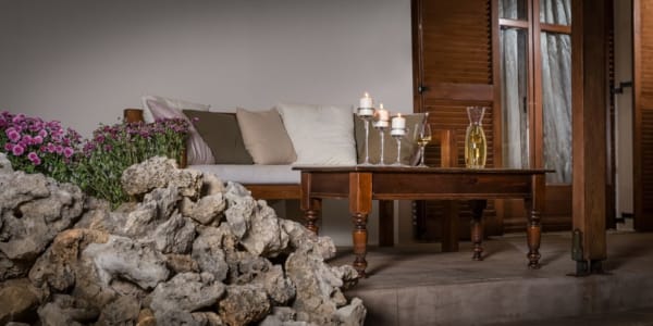 a living room with a couch and a table