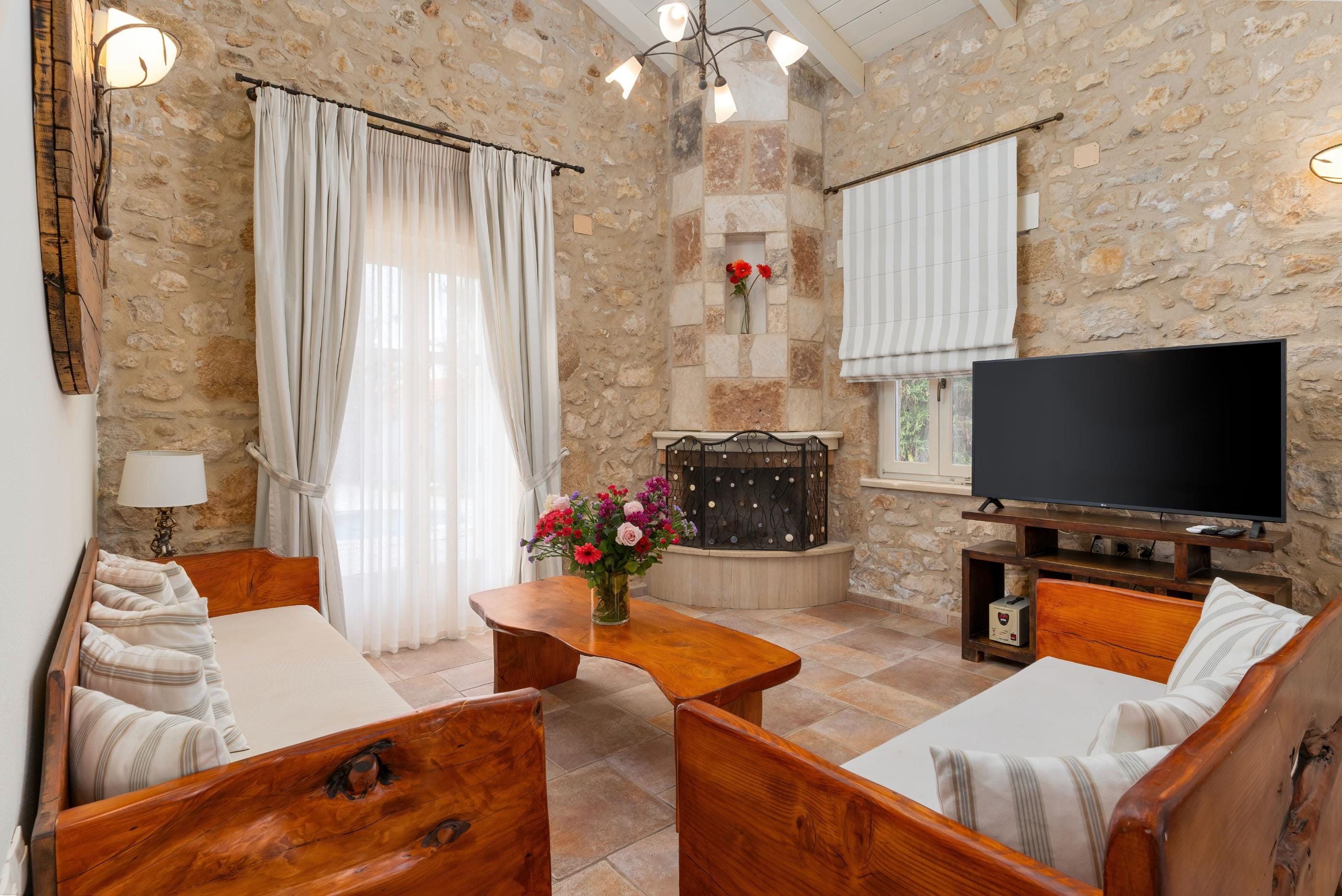 a room with a fireplace and a bed