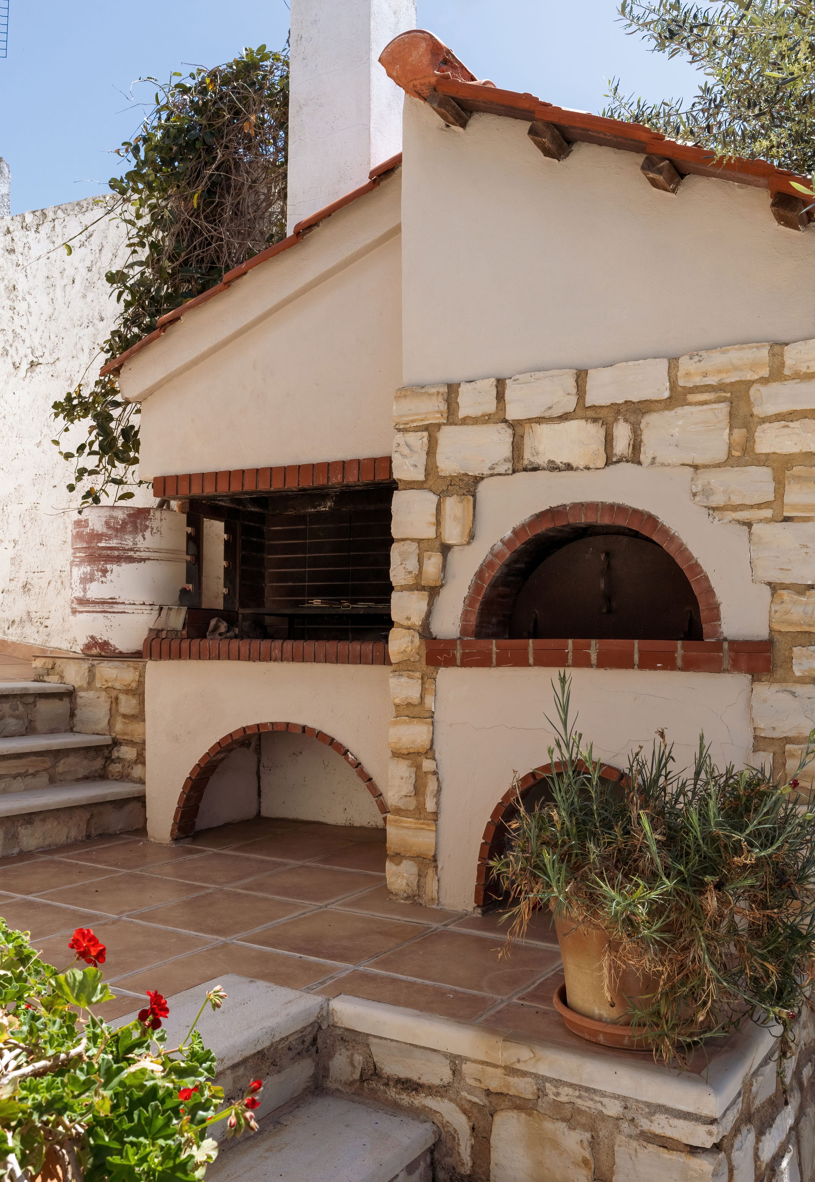 a stone building with a fireplace