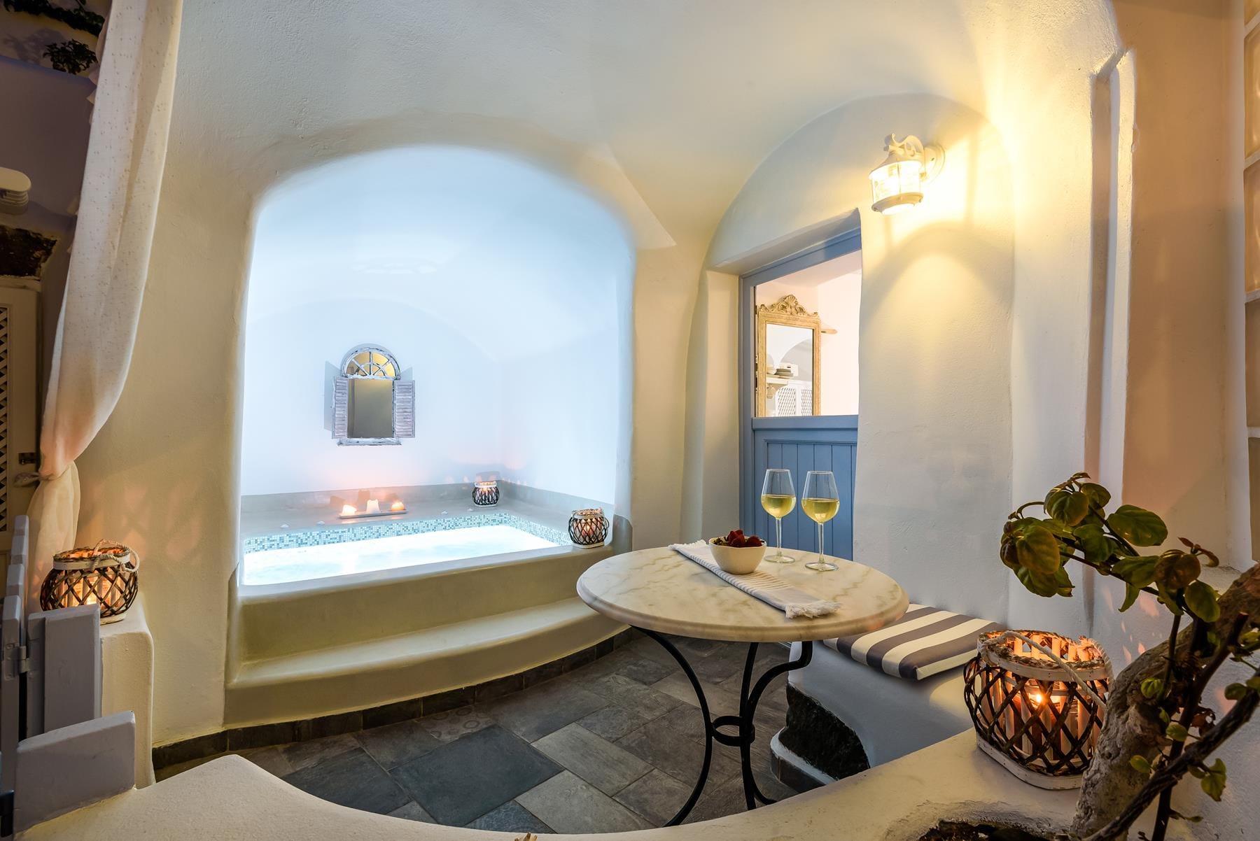 a room with a table and chairs