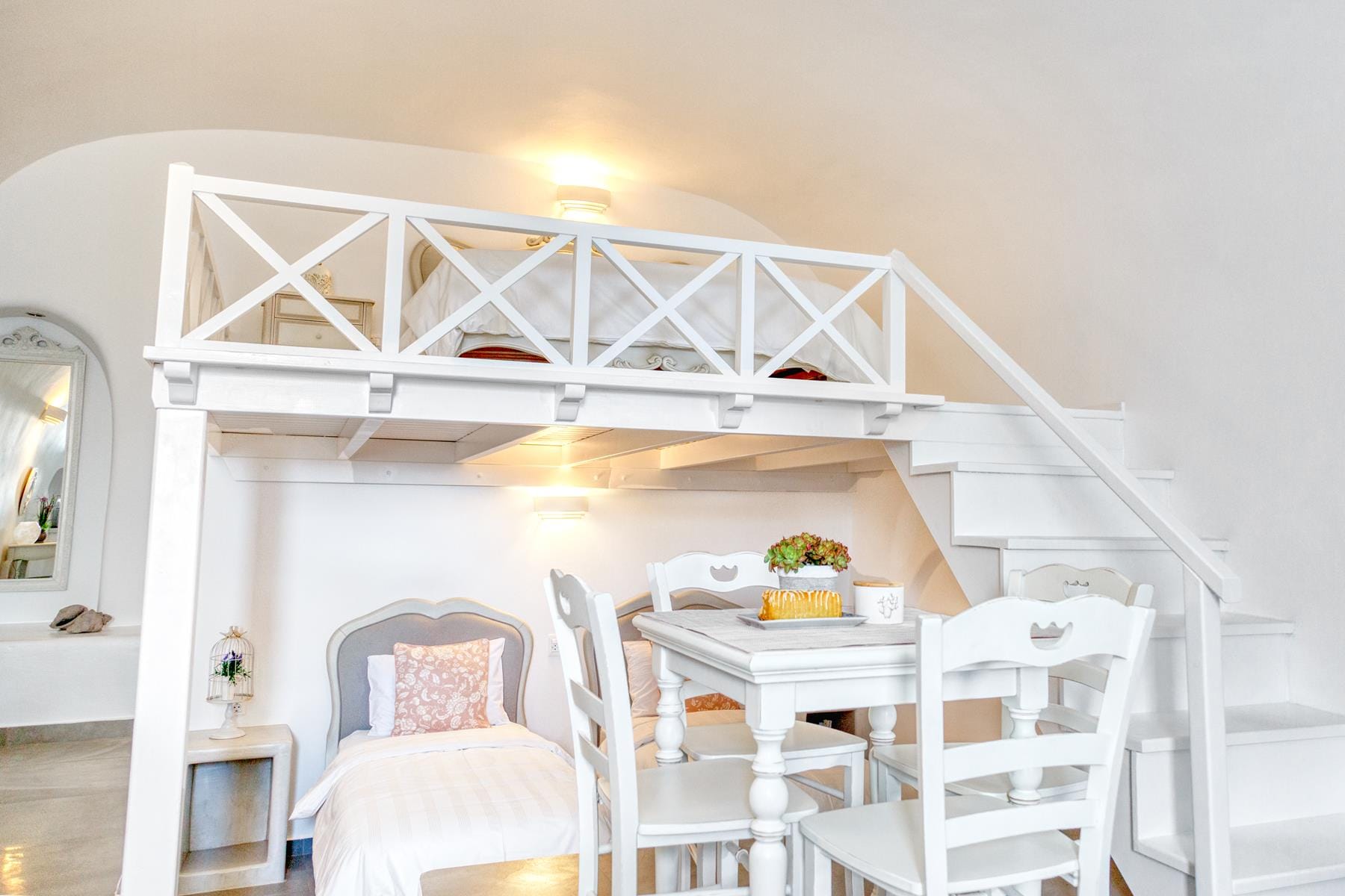 a room with a table and chairs