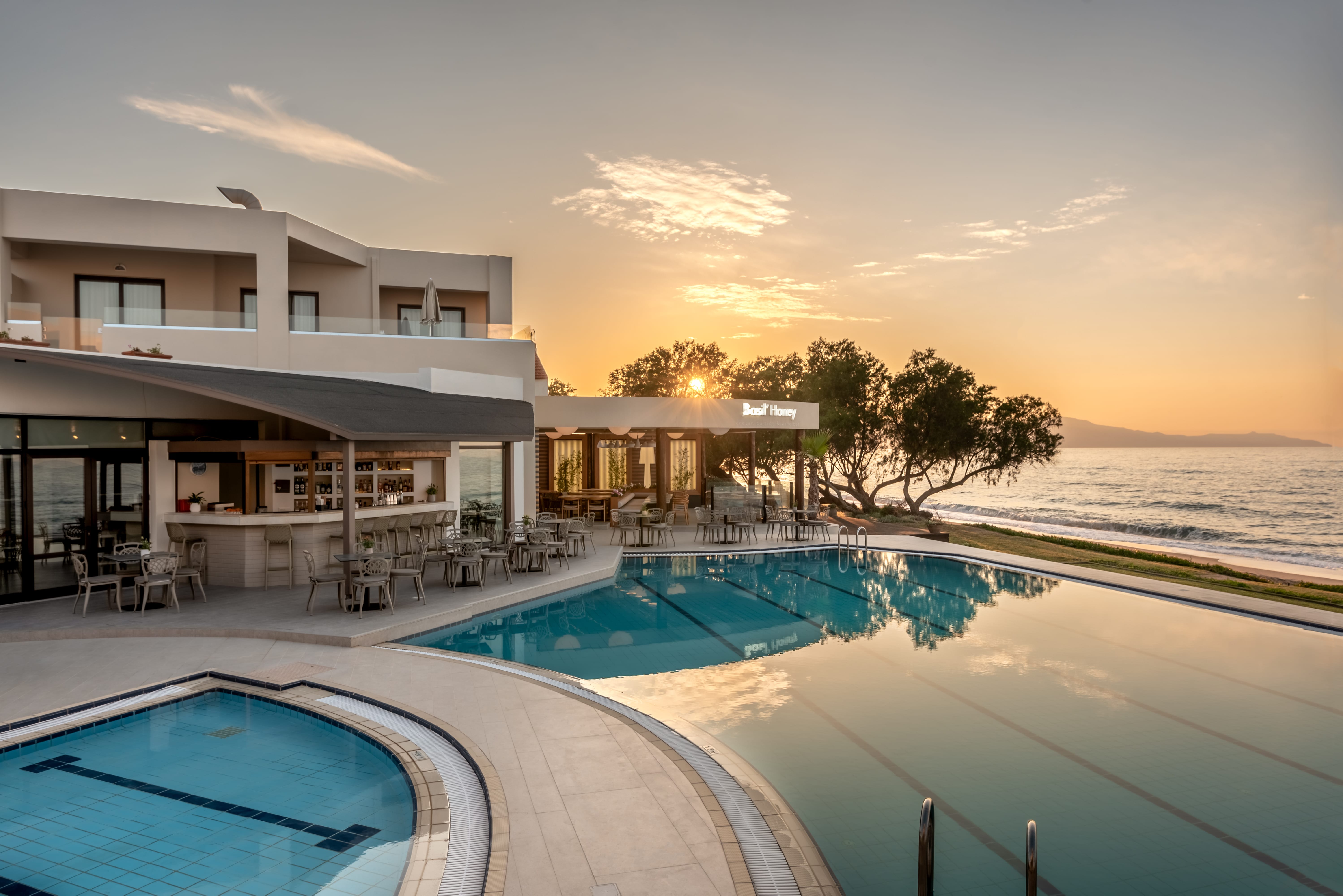 a pool next to a building