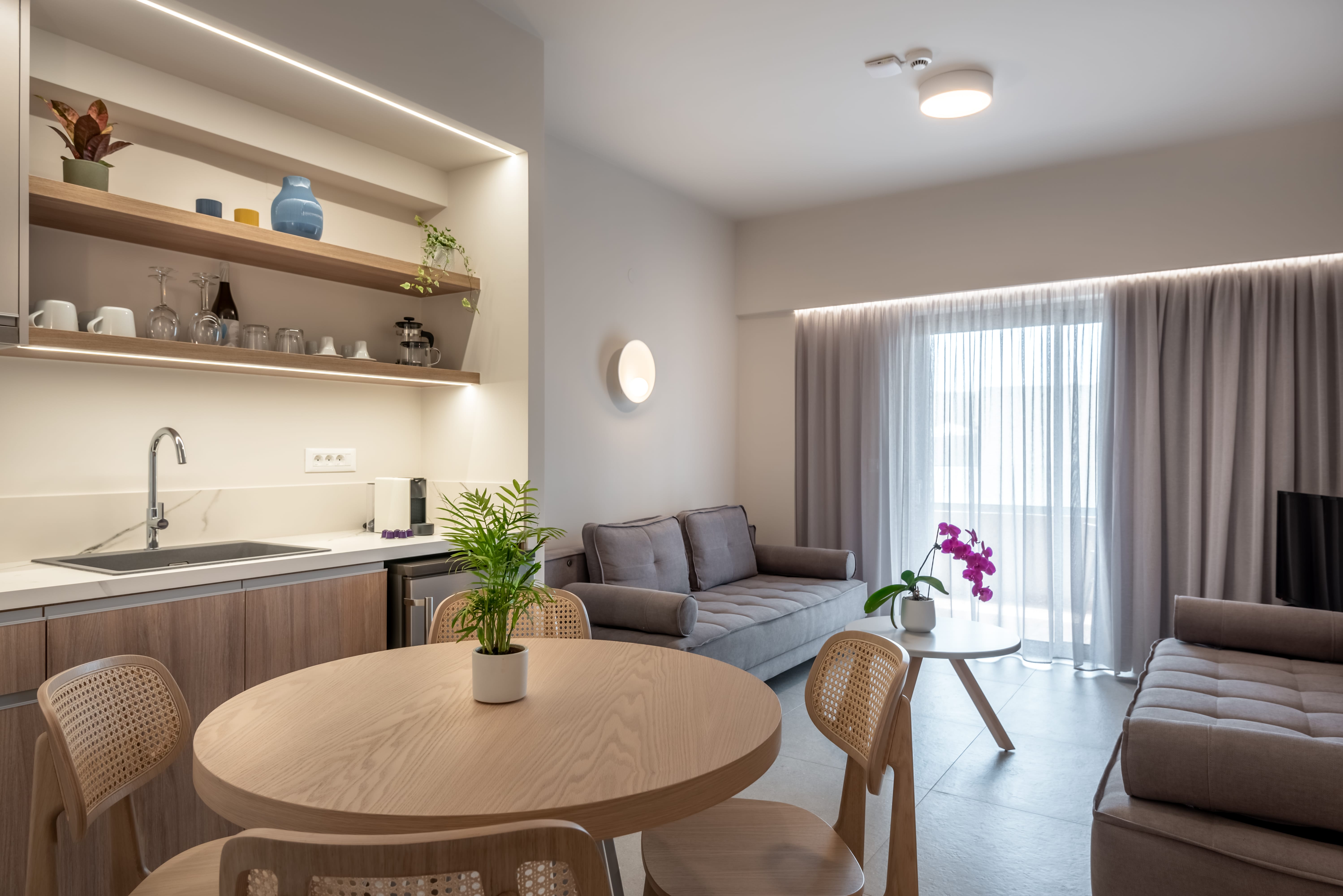 a kitchen and living room