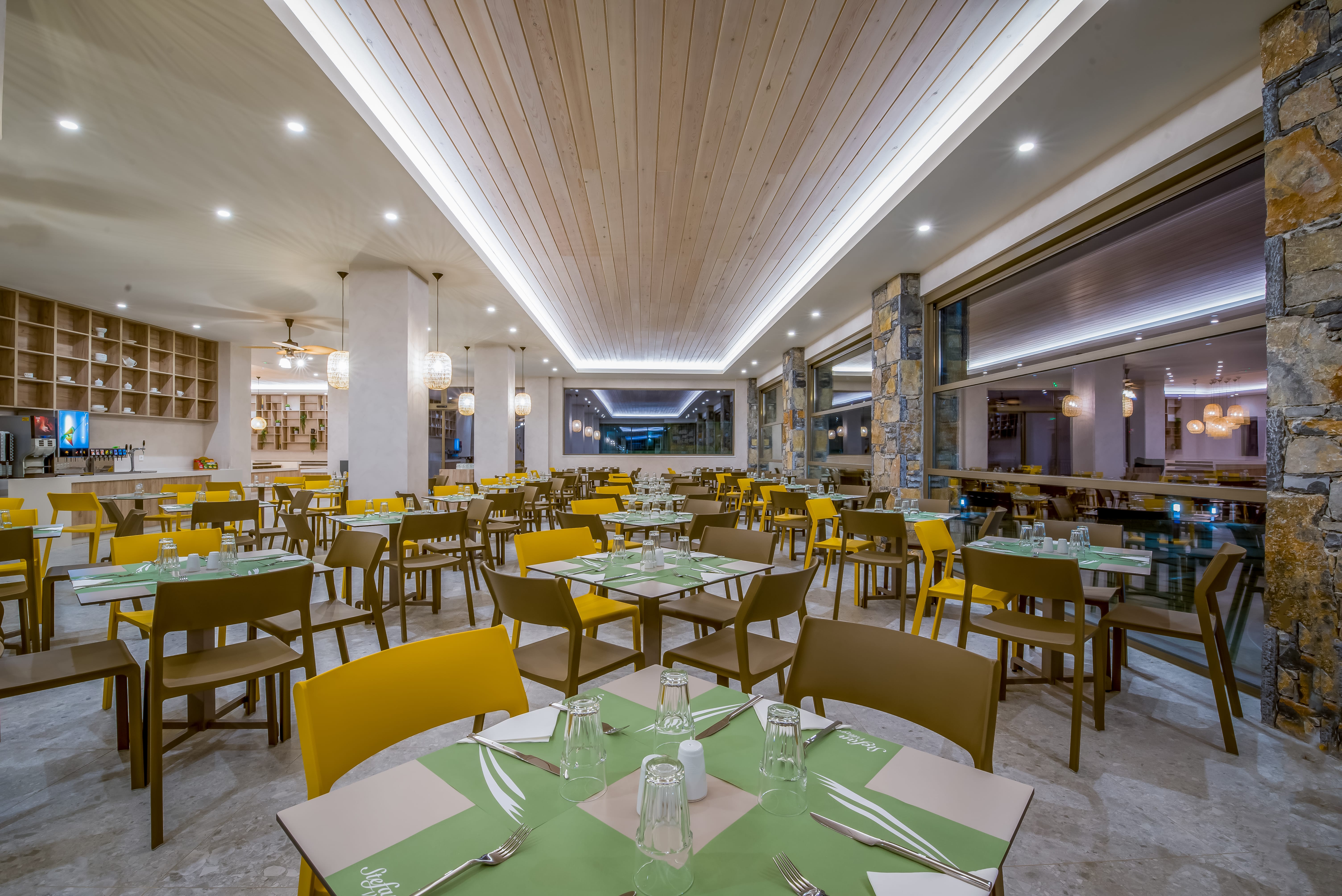 a room with tables and chairs