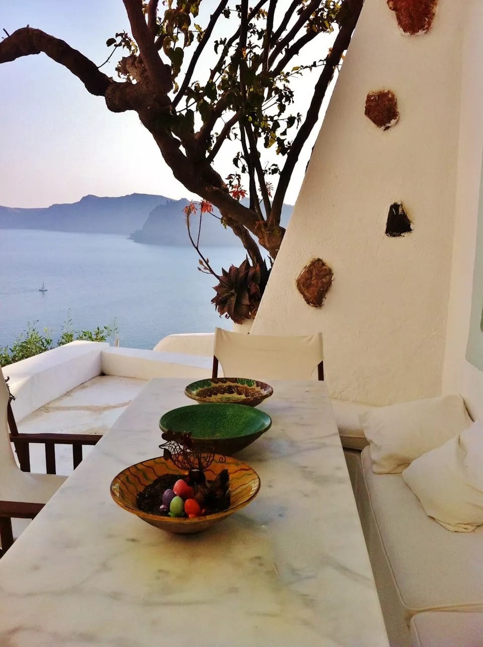 a table with a bowl of fruit and a tree with a body of water in the background