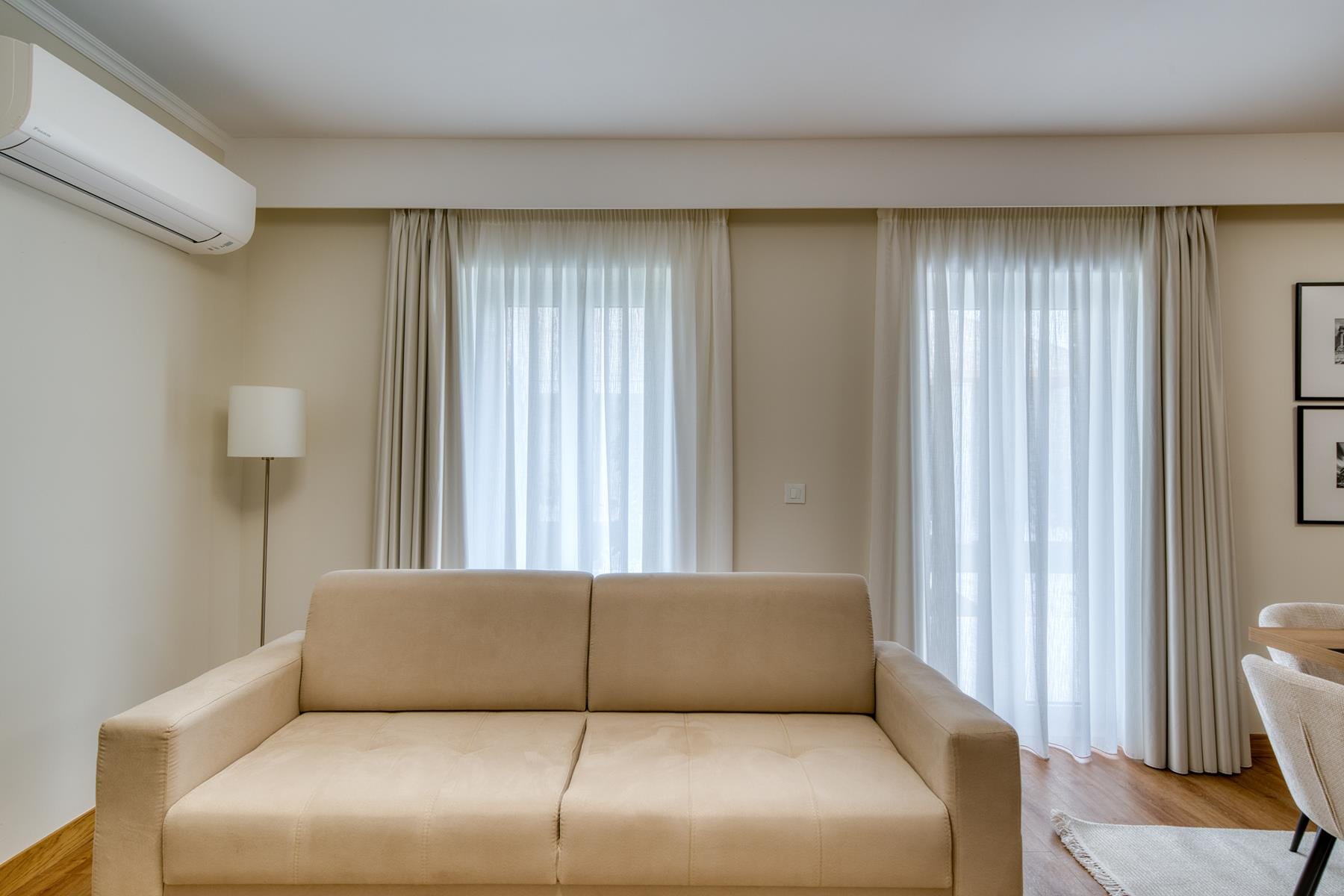 a living room with a couch and a table