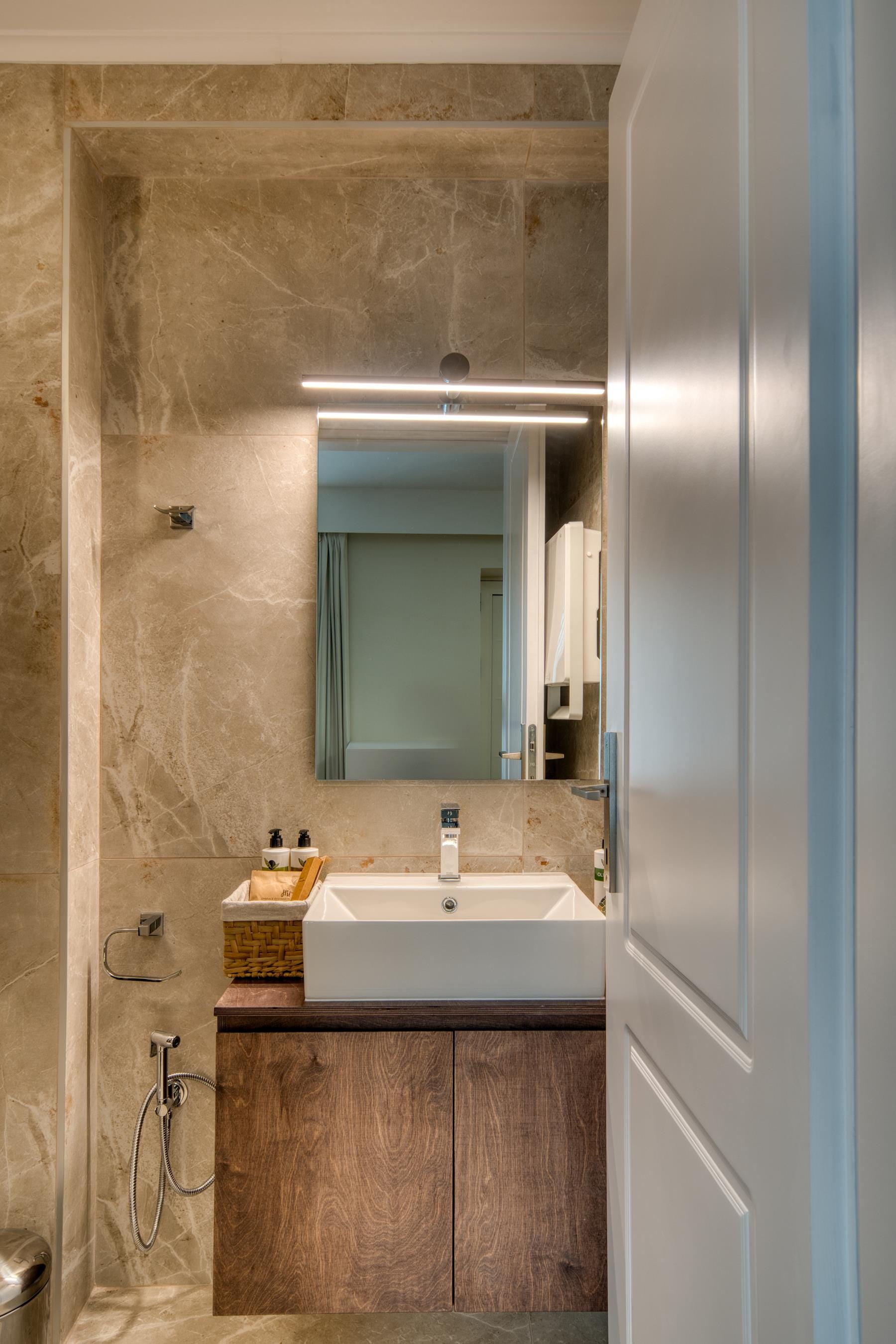 a bathroom with a mirror