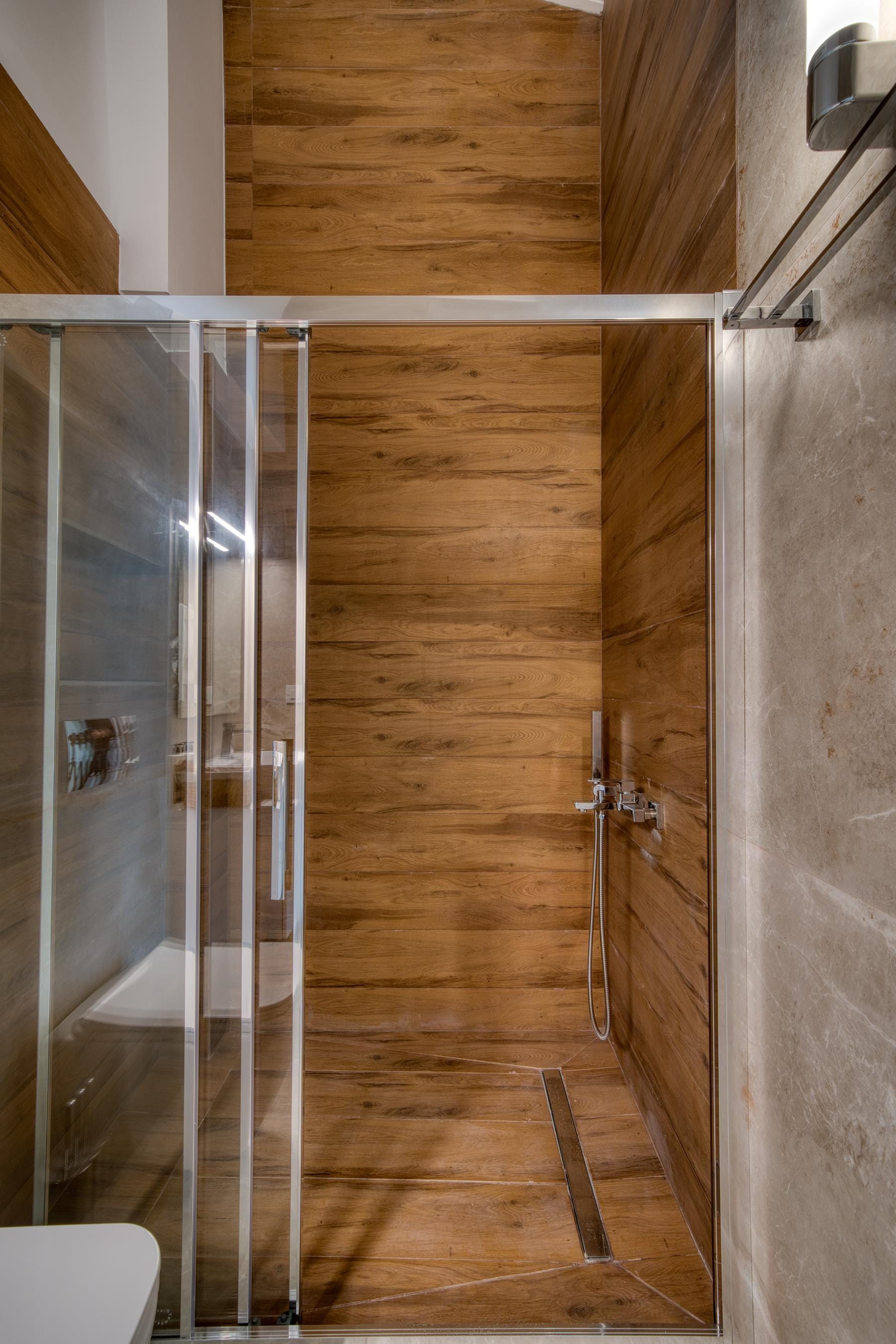 a shower with a glass door