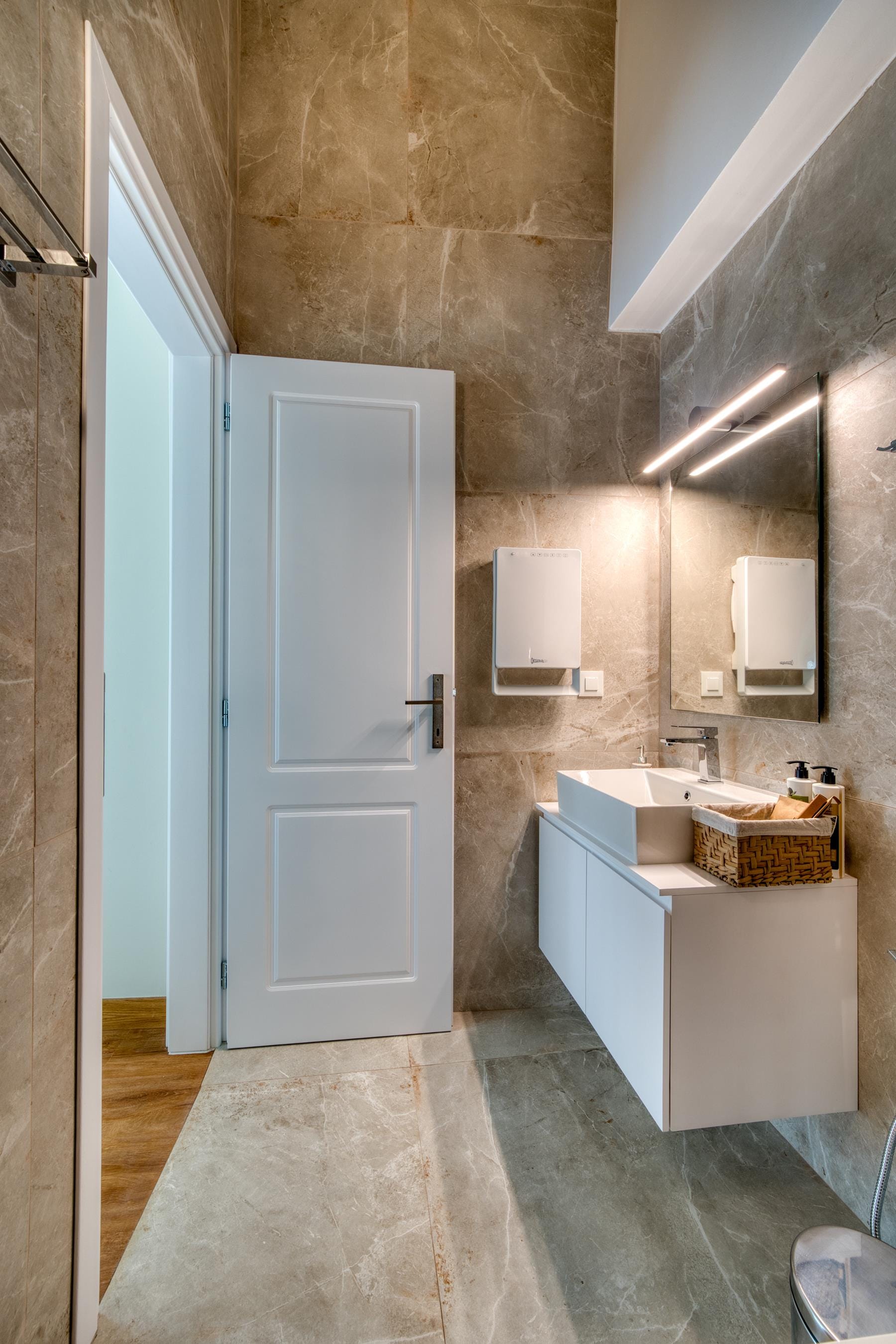 a bathroom with a white door