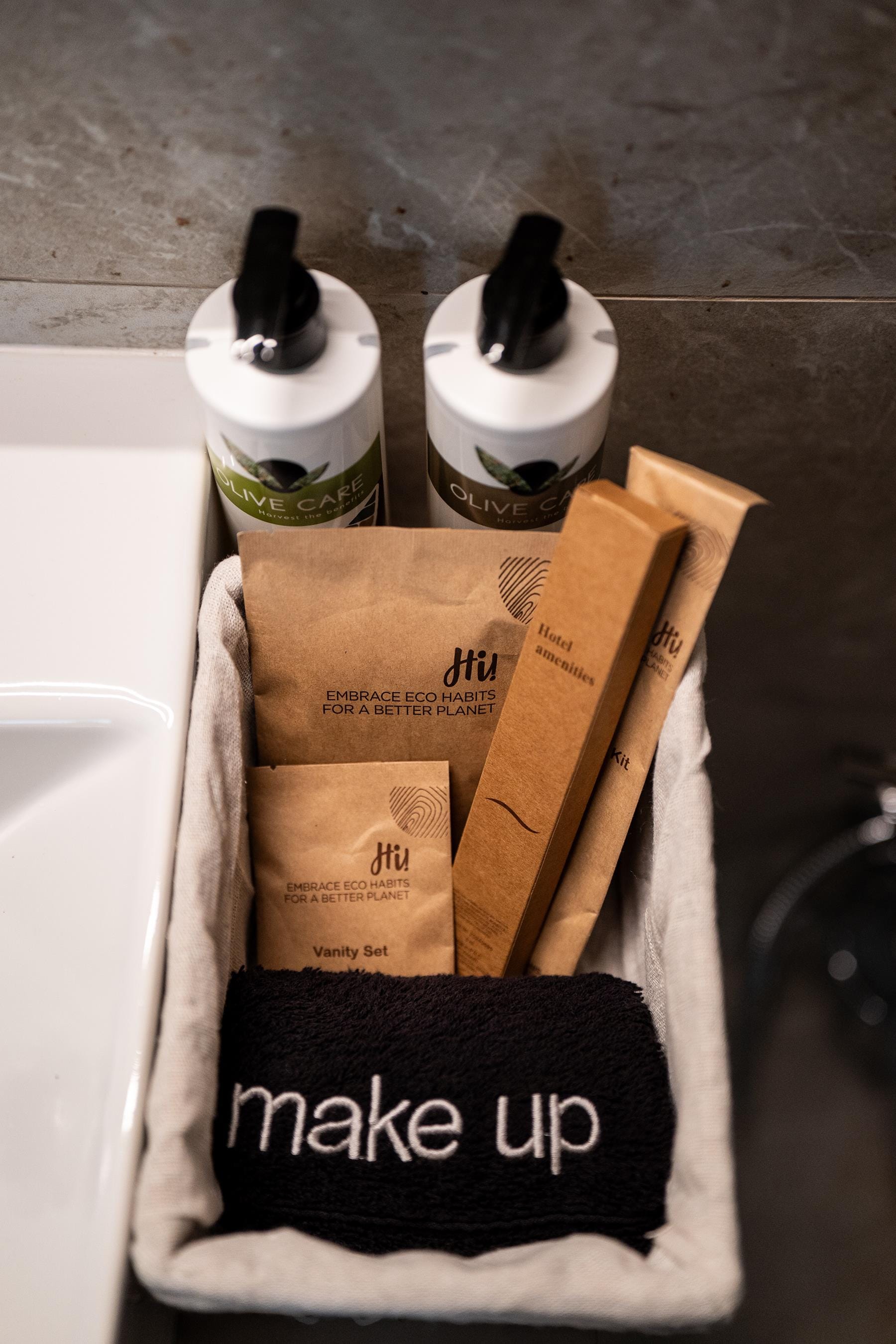 a bag of food and a bottle of soap on a counter