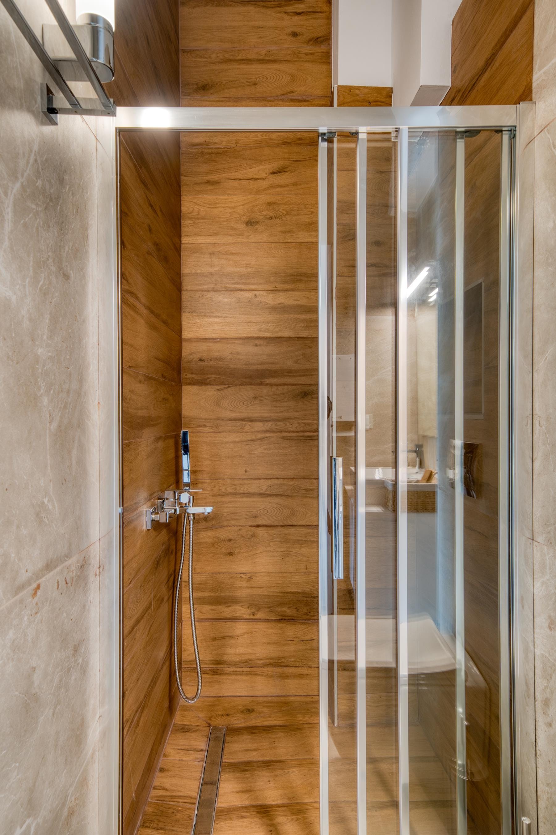 a shower with a glass door