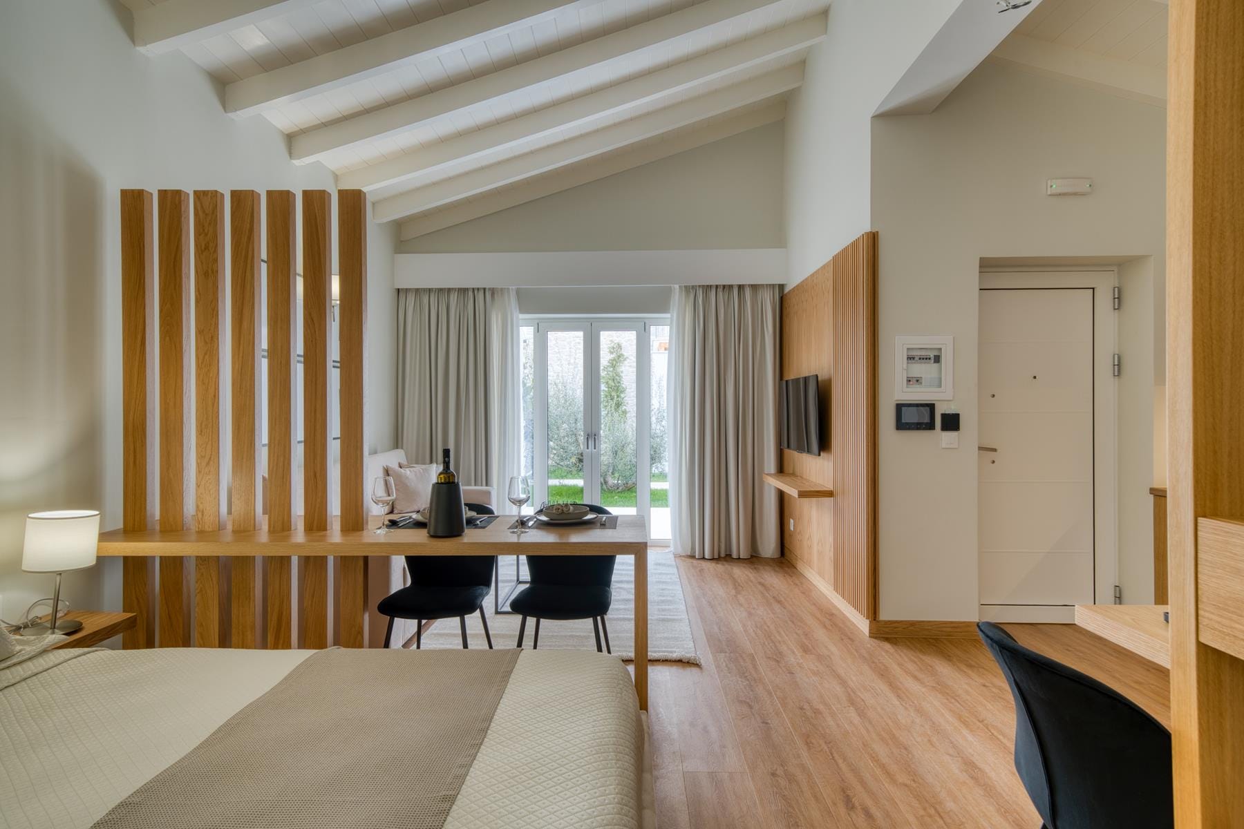 a room with a table and chairs