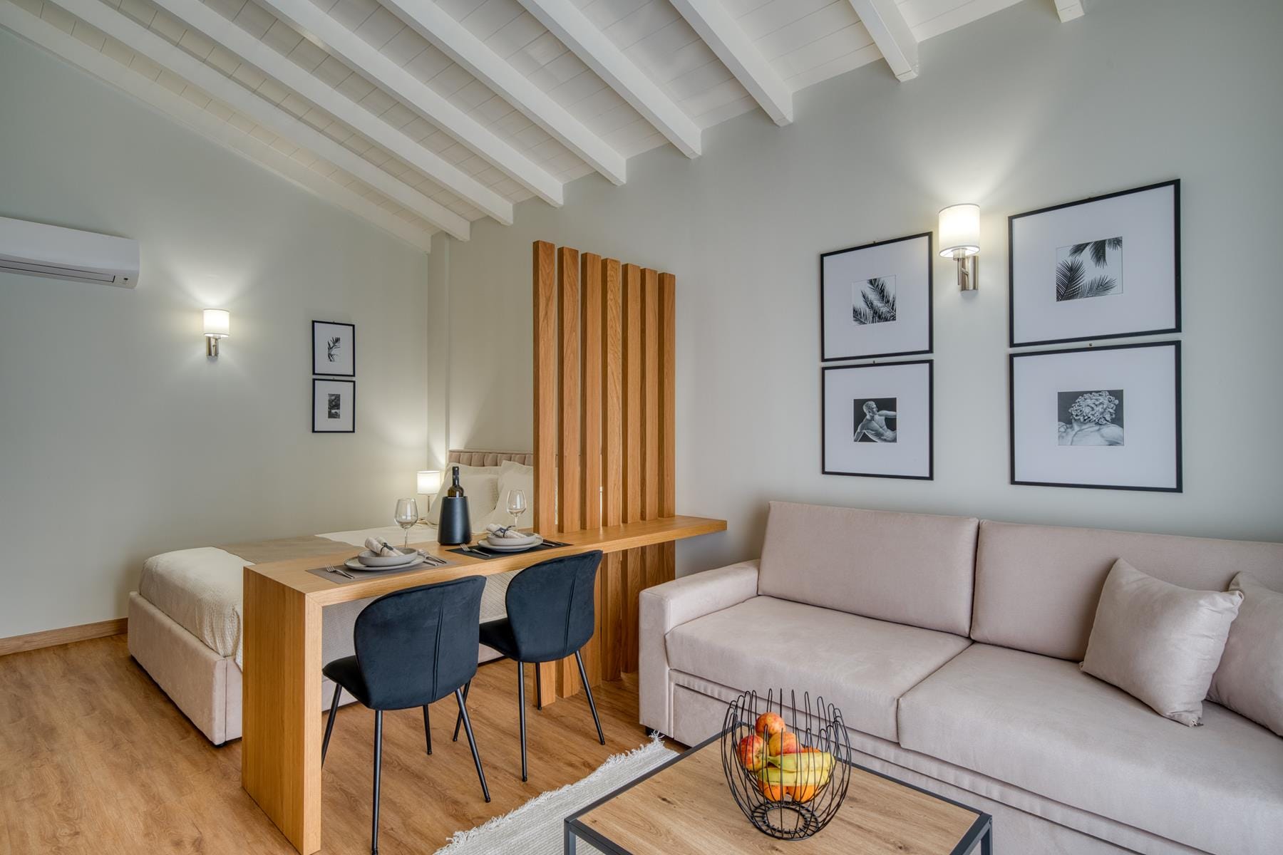 a living room with a couch and a table