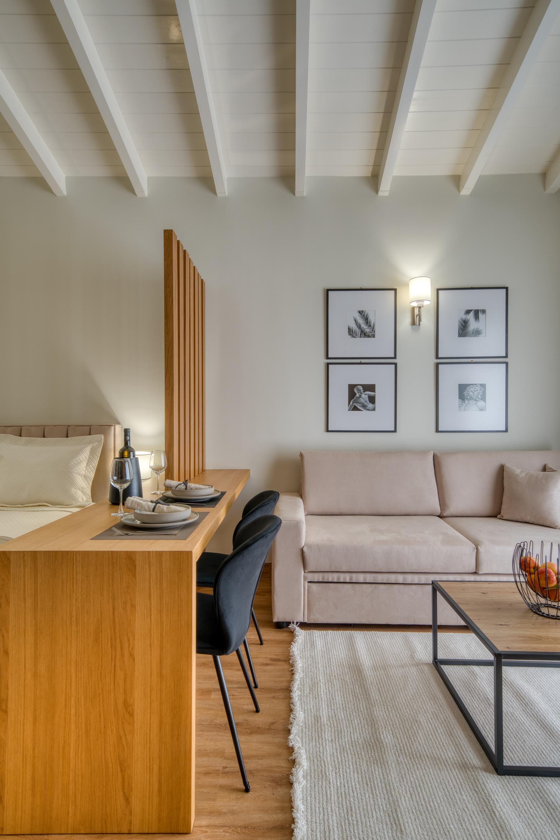 a room with a couch and a table