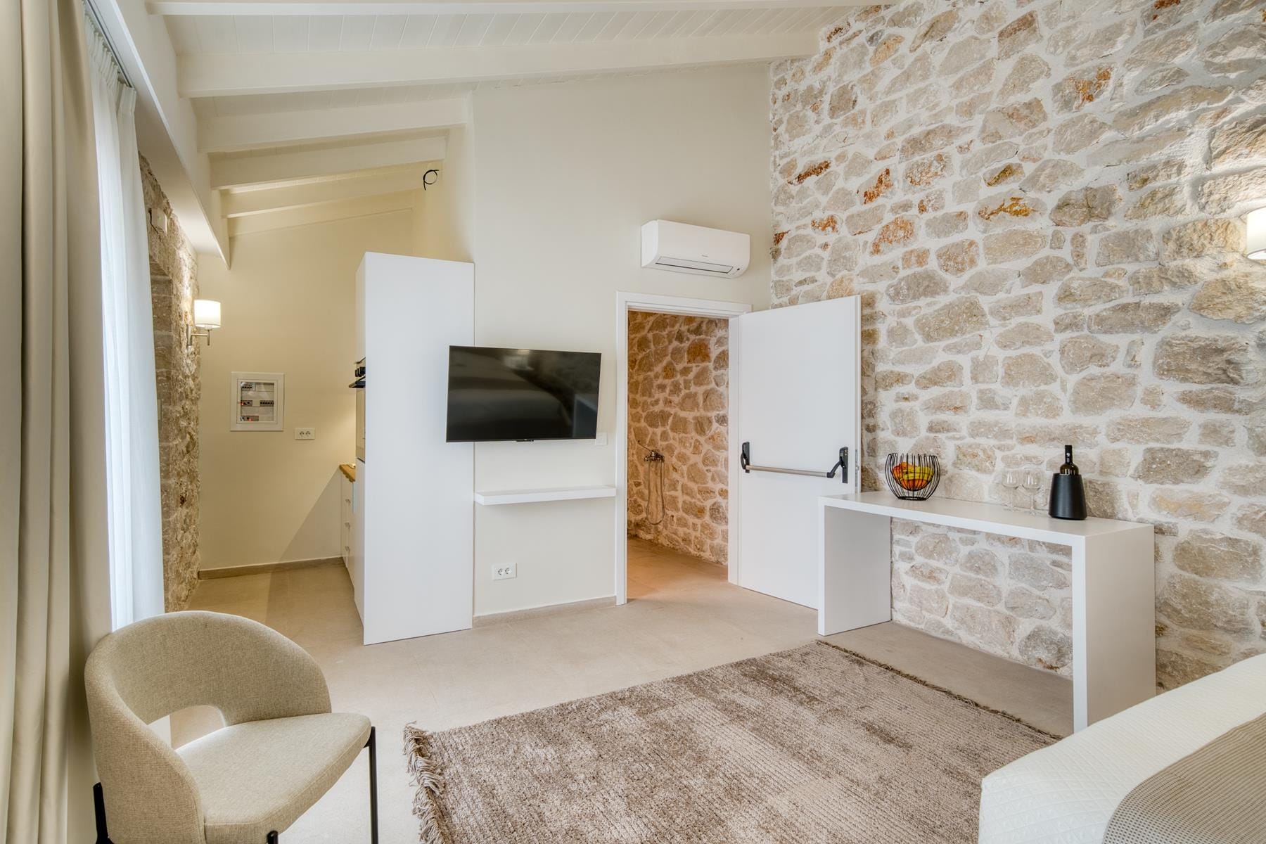 a living room with a fireplace