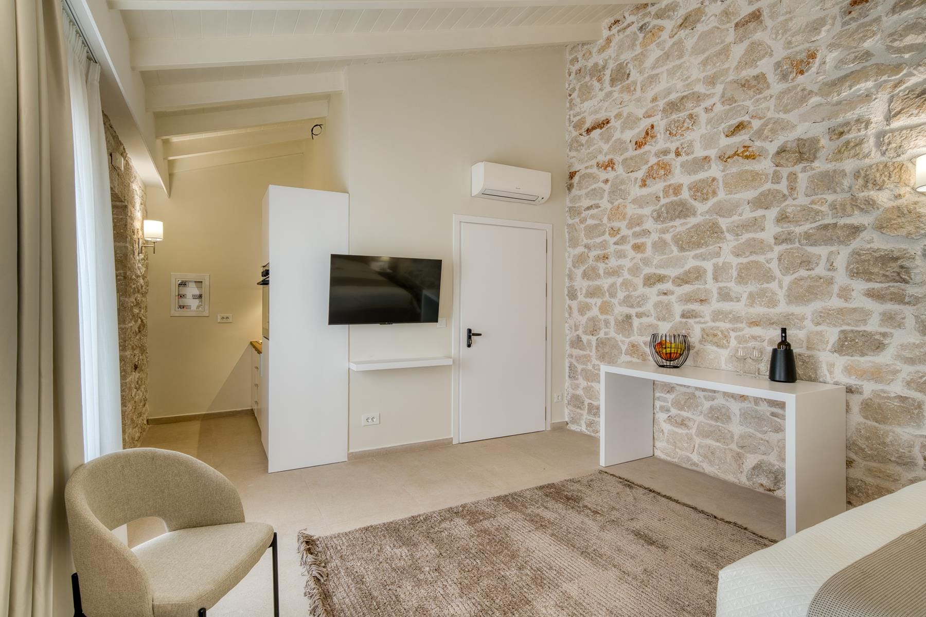 a living room with a fireplace