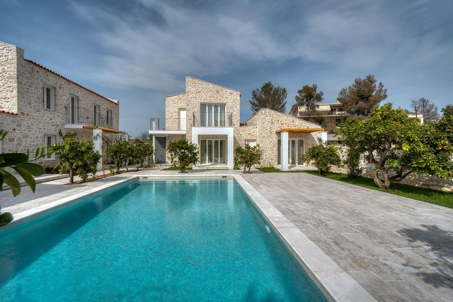 a pool in front of a building
