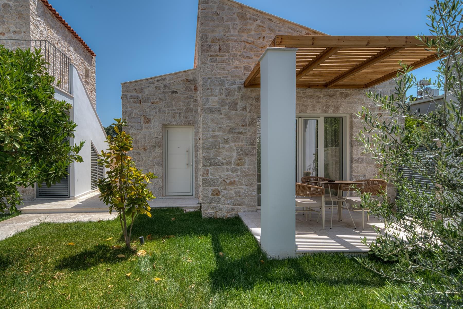a house with a stone patio
