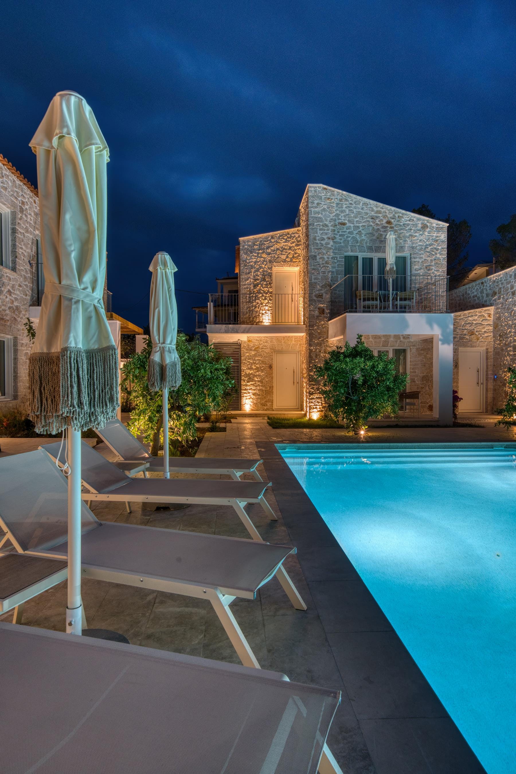a pool in front of a building