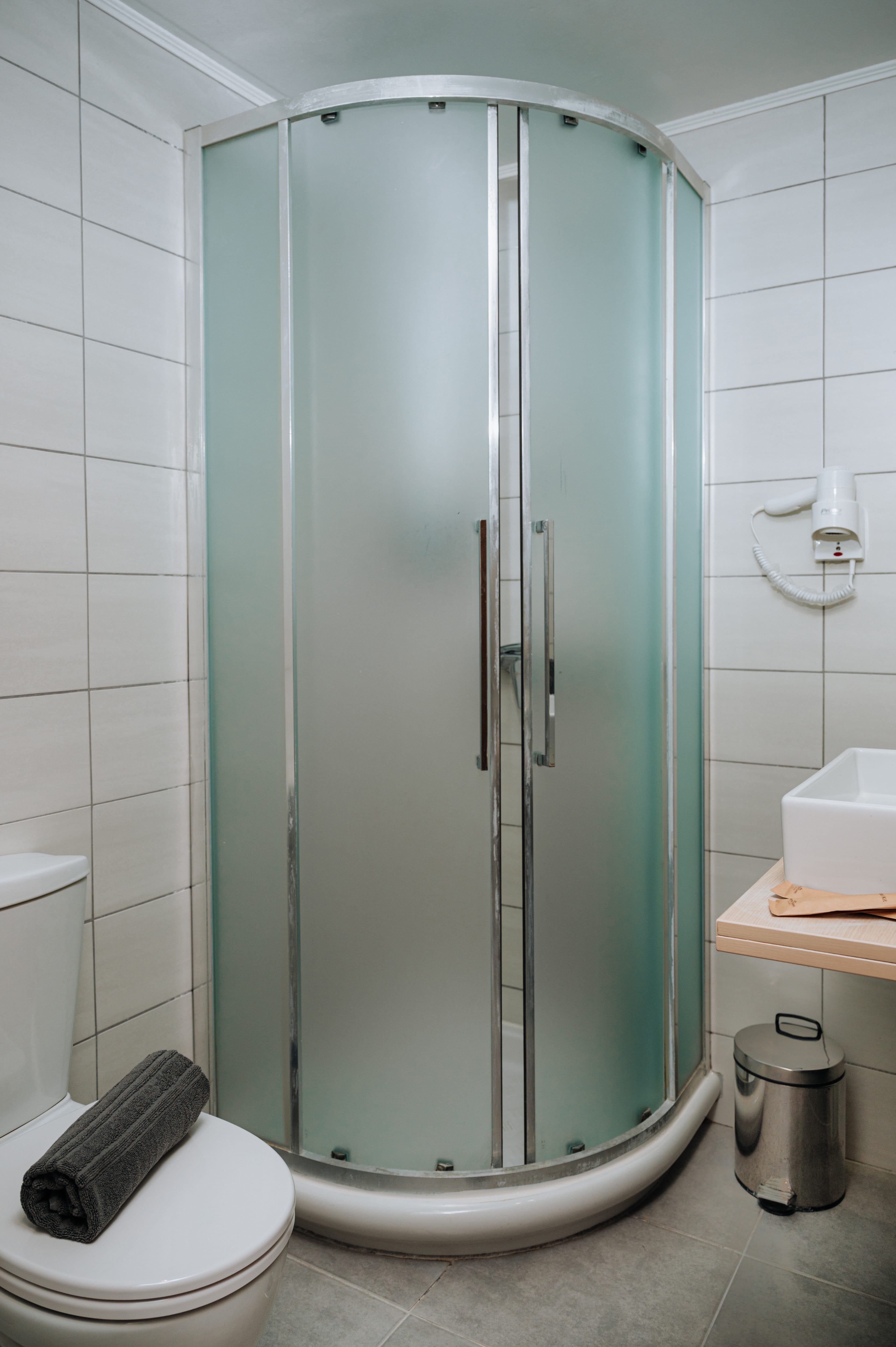 a shower unit in a bathroom
