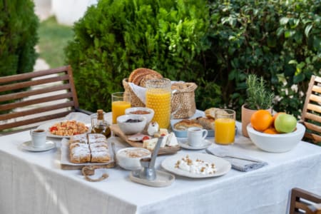 a table with food and drinks on it
