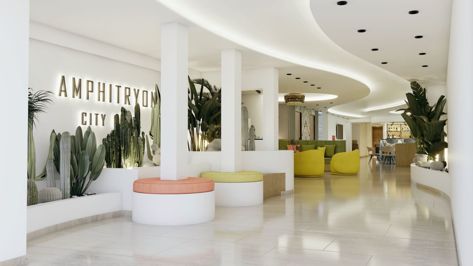 a room with white walls and yellow chairs