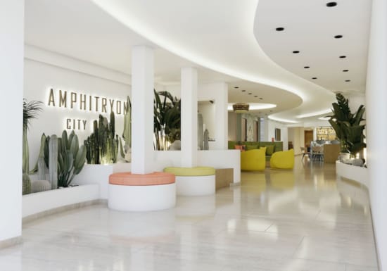 a room with white walls and yellow chairs