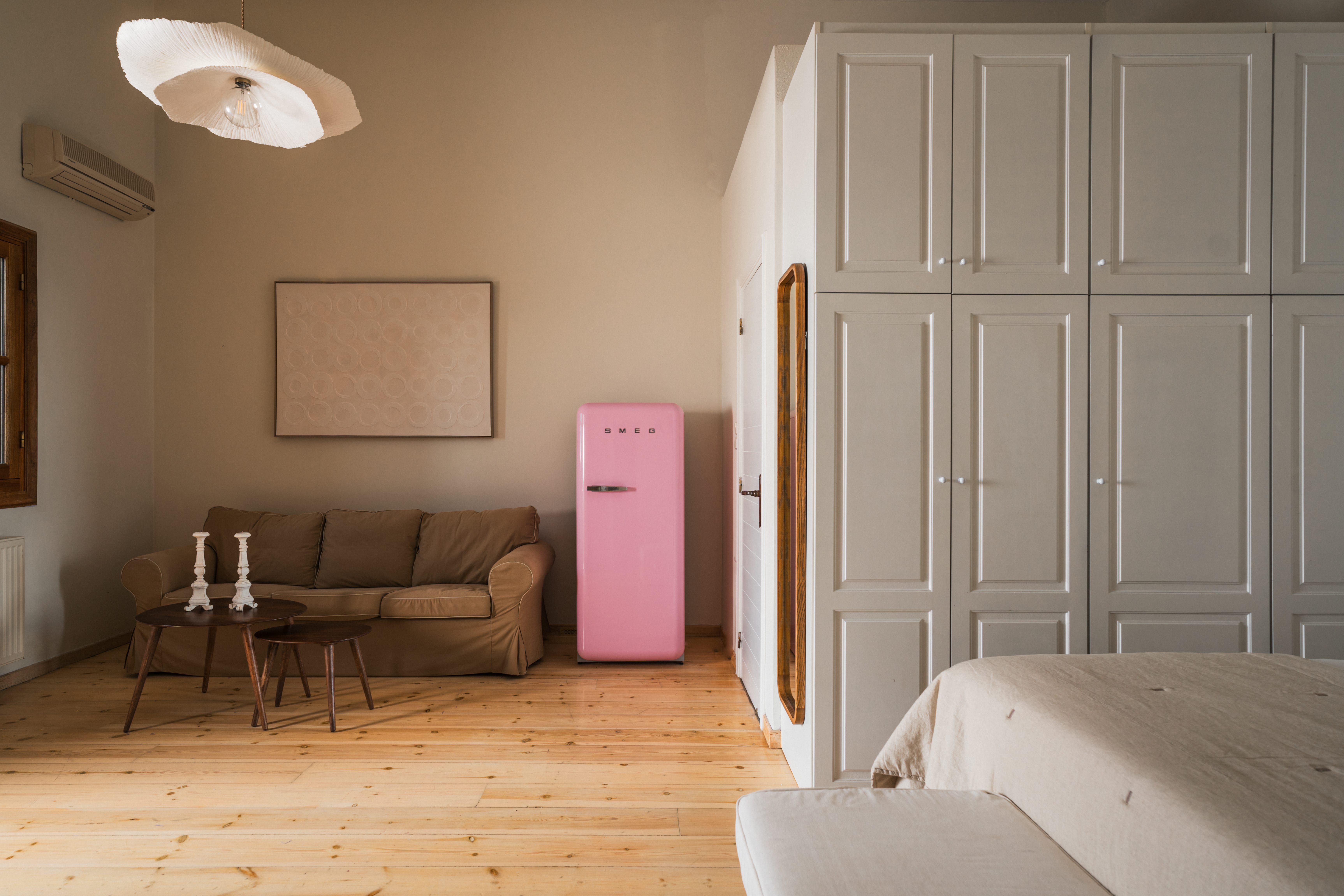 a room with white cabinets