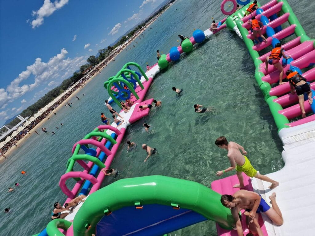 a group of people at a water park