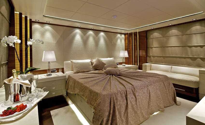 a hotel room with a large mirror